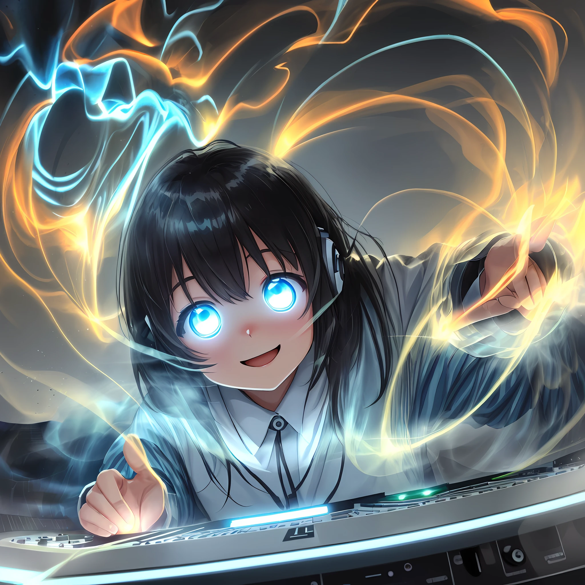 ((Wide-Angle))((KIno Yamanaka)), ((playing DJ)),((DJ Mixer)), ((disco)) ((smoke)), glowing eyes, baby blue eyes, happy, drooling, glowing light,