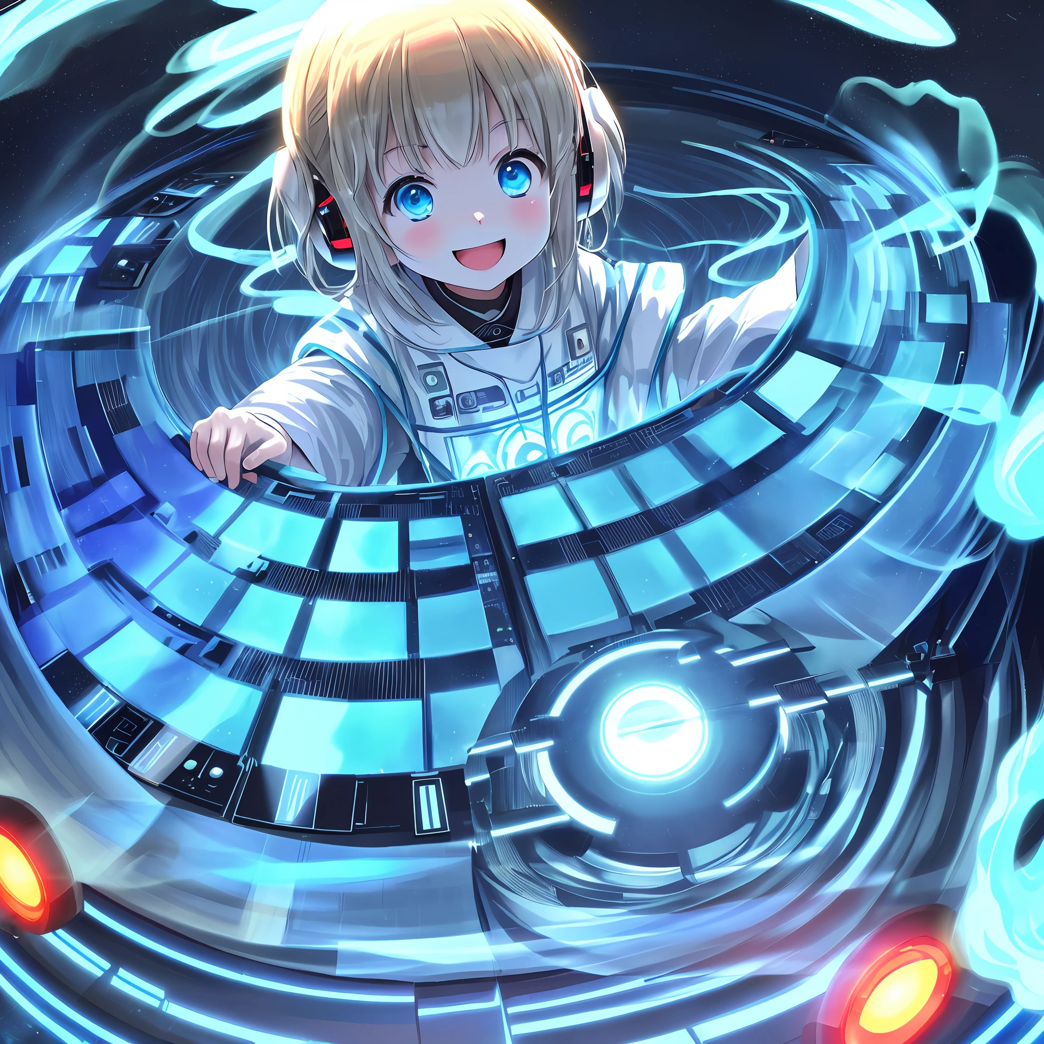 ((Wide-Angle))((KIno Yamanaka)), ((playing DJ)),((DJ Mixer)), ((disco)) ((smoke)), glowing eyes, baby blue eyes, happy, drooling, glowing light,