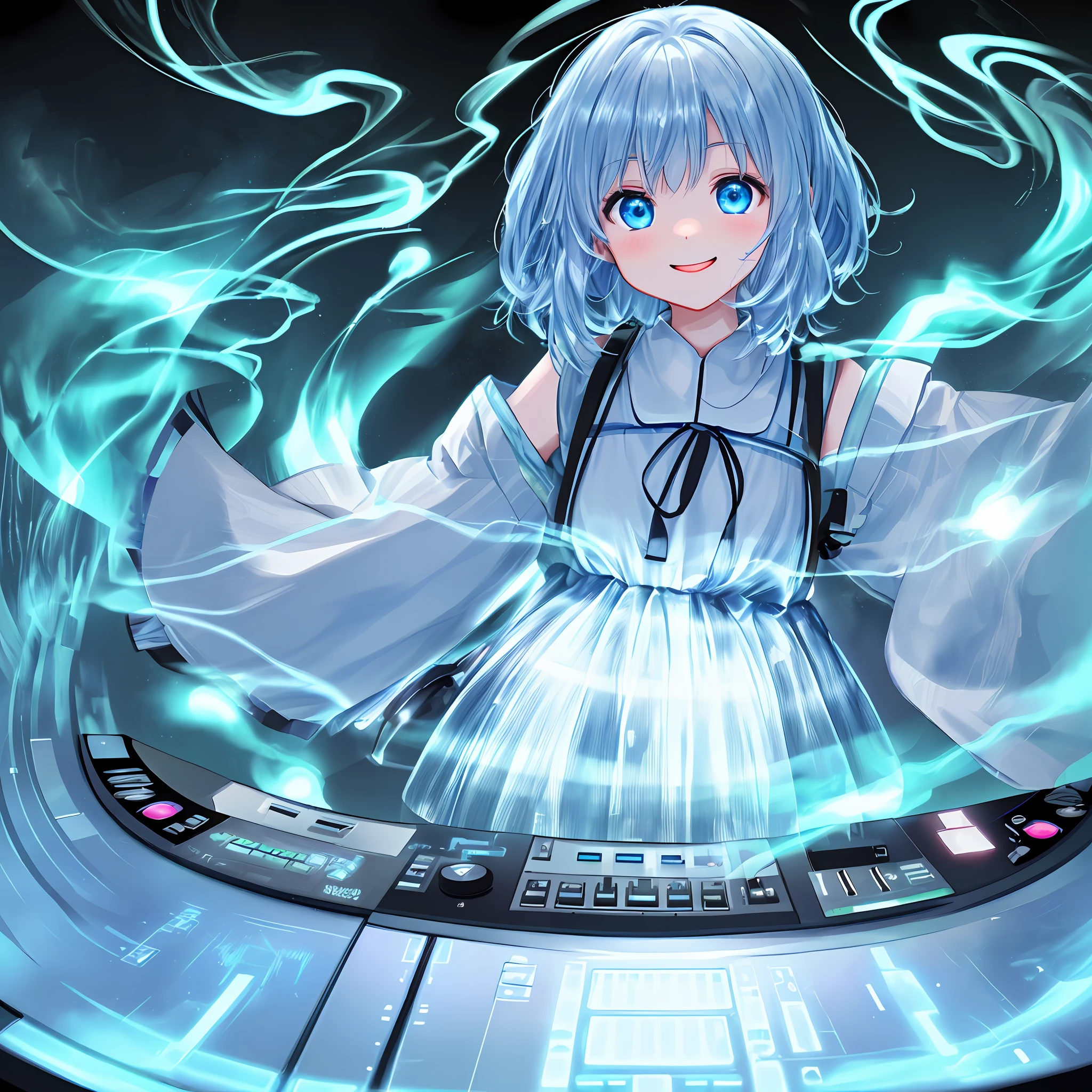 ((Wide-Angle))((KIno Yamanaka)), ((playing DJ)),((DJ Mixer)), ((disco)) ((smoke)), glowing eyes, baby blue eyes, happy, drooling, glowing light,