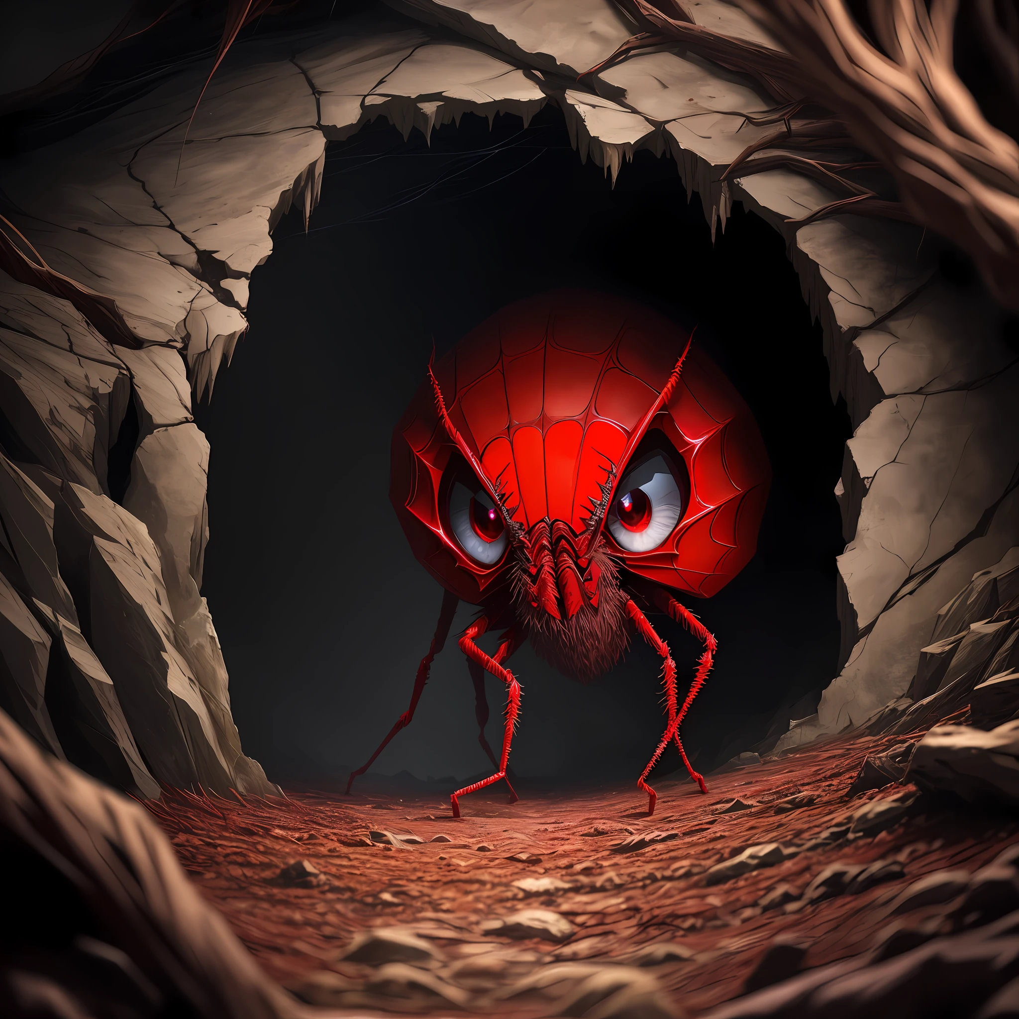 A red spider, several eyes, cave full of webs, insects wrapped in the webs, dark and light colors, various colors, 8k quality, cinematic focus, humid, dramatic weather