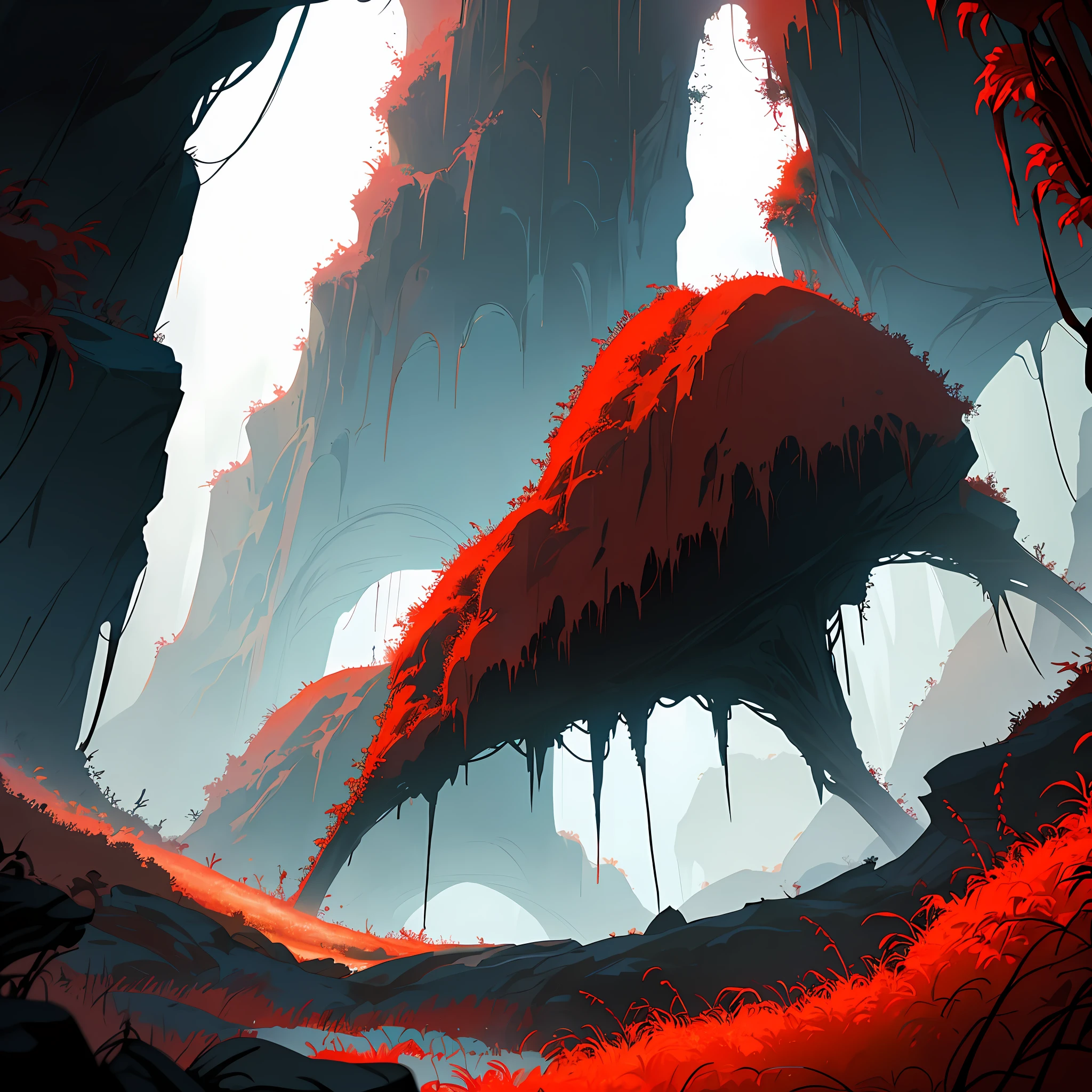A red spider, cave full of webs, insects wrapped in the webs, dark and light colors, various colors, 8k quality, cinematic focus, humid, dramatic weather