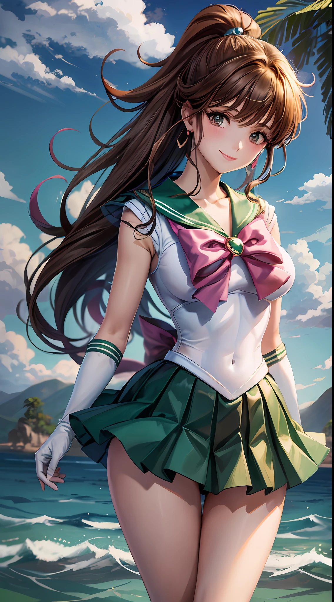 Masterpiece, Best Quality, High Resolution, 1girl, Solo, Sailor Jupiter, Sailor Jupiter Uniform, Wind Blowing, ((Single Ponytail)), Elbow Gloves, Headdress, Green Pleated Skirt, Pink Bow, (Green Sailor Collar), Brown Hair, White Glove, Jewelry, Earrings, Smile, Background Meadow, Blue Sky and White Clouds, Sea, Front, Full Body, Waves, Thin Legs, Sailor Sensi Uniform,