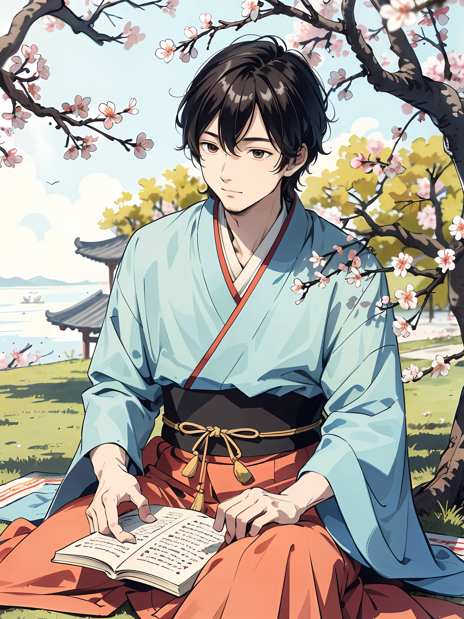 absurdres, highres, ultra detailed, (1man:1.3), hand drawn, simple line, a 30yo man in colorful Hanfu, sitting under the peach blossom tree, masterpiece, sunny day, reading book, look at the book