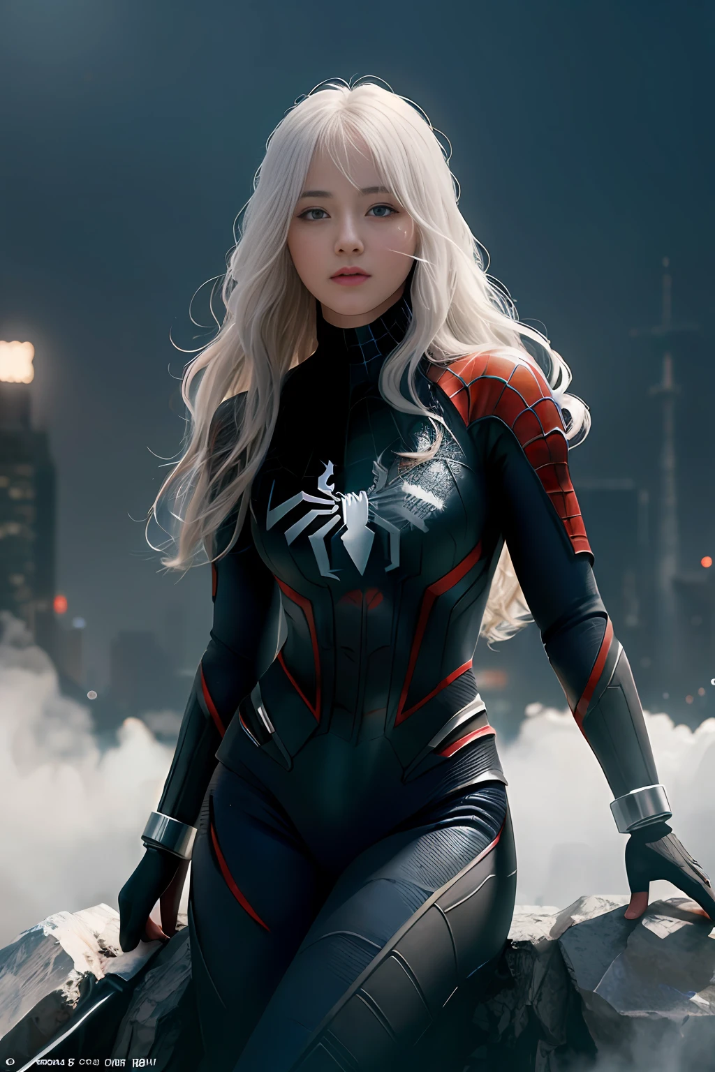 (1girl:1.3), solo, __body-parts__, official art, unified 8k wallpaper, super detailed, beautiful and aesthetic, beautiful, masterpiece, best quality, raw, masterpiece, super fine photo, best quality, super high resolution, photorealistic realism, sunlight, full body portrait, long white hair, amazing beauty, dynamic pose, delicate face, vibrant eyes, (from the front), she wears a full body black Spider-Man suit, spider, detailed face, Detailed complex busy background, messy, gorgeous, milky white, highly detailed skin, realistic skin details, visible pores, sharp focus, volumetric fog, 8k uhd, DSLR, high quality, film grain, fair skin, photo realism, lomography, huge metropolis in future dystopia, translucent