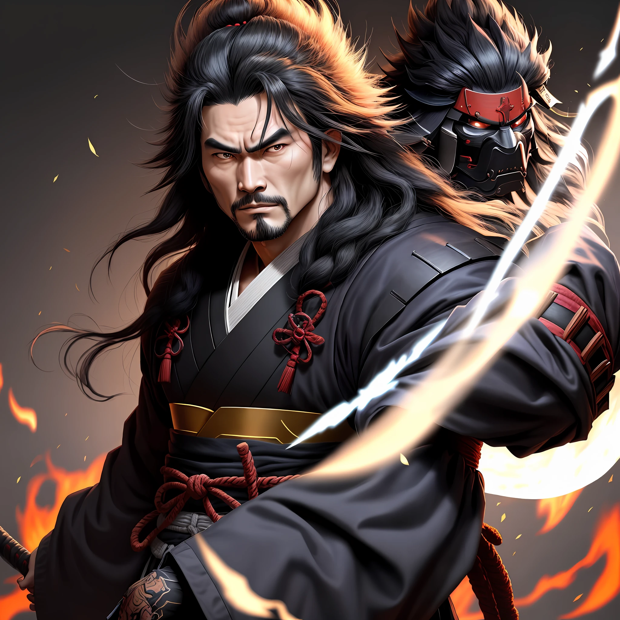 I want you to create a Samurai character who has Big hair with an Evil mask and for him to be A samurai, His name is Kurai Oni, only I want a character that is merely almost realistic and that brings fear in the Gaze