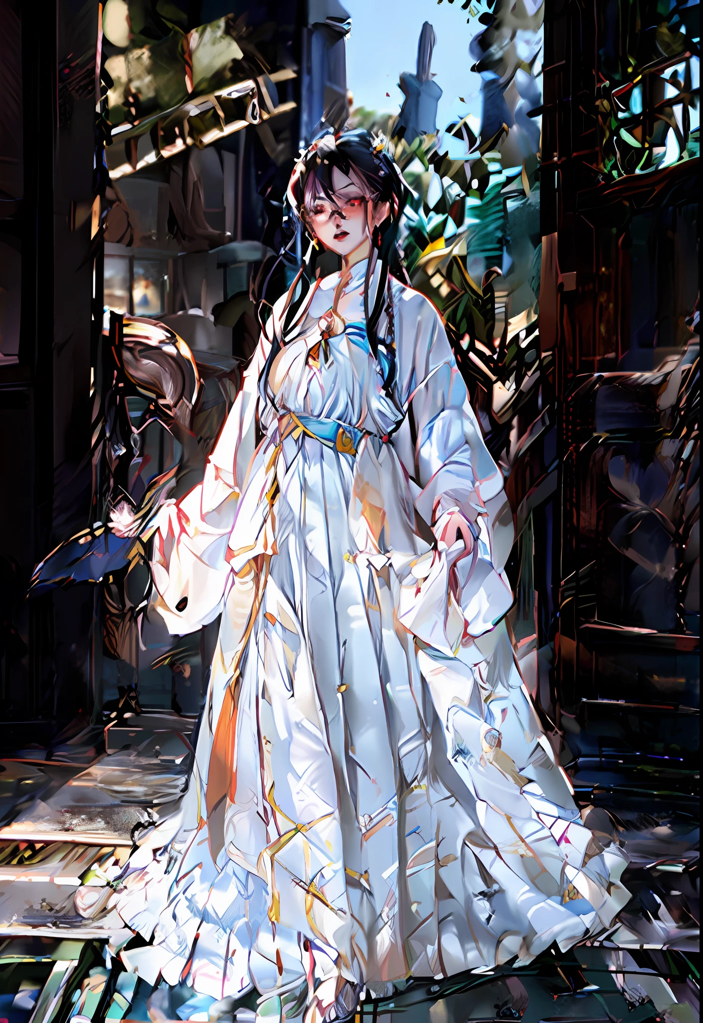Best quality, masterpiece, ultra high res, (photorealistic:1.4), raw photo, 1girl, white hair, shiny skin, dramatic lighting, (fantasy), vampire, horn, earrings, white dress, glasses,