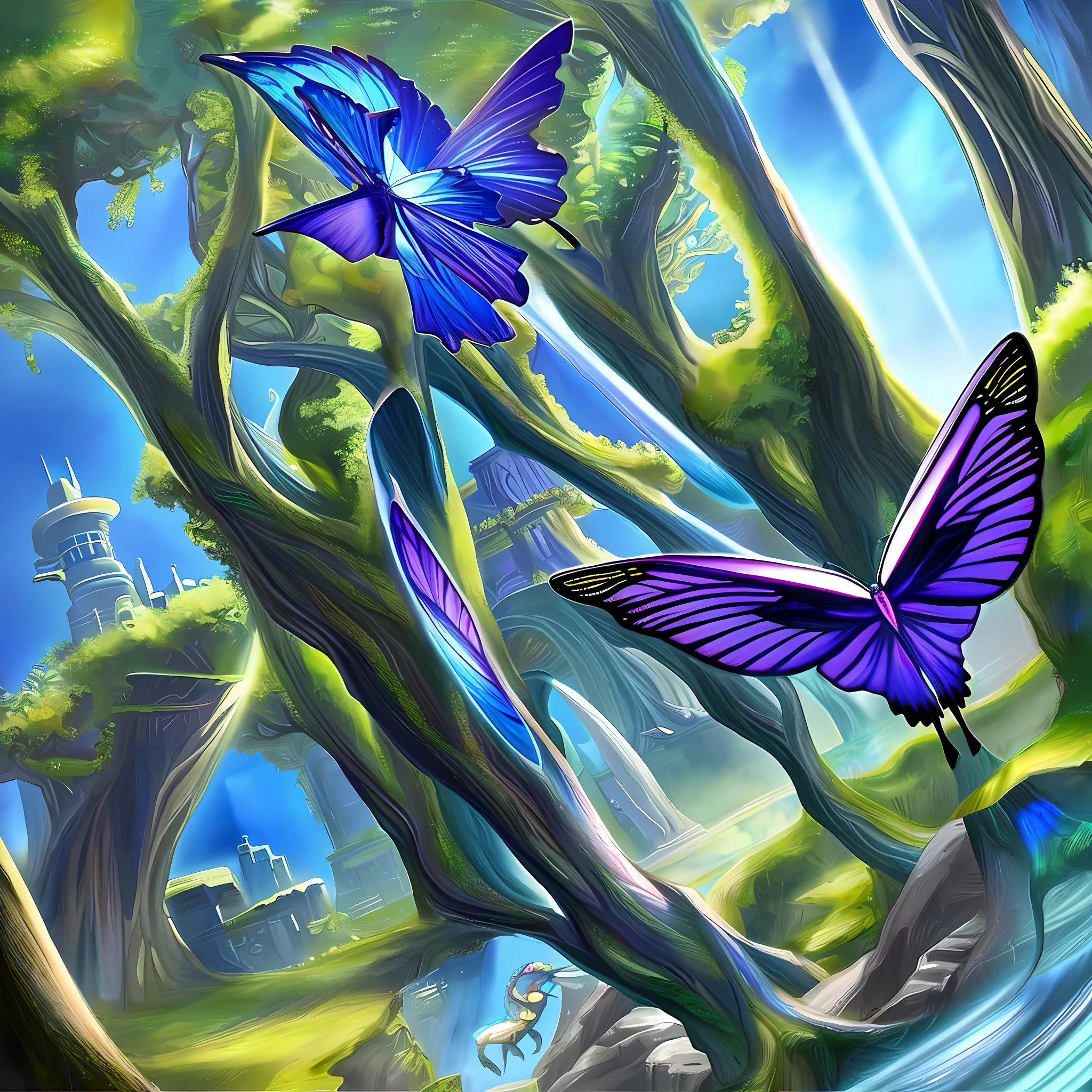 Bright blue and purple butterflies, Surrealism, Surrealism, high detail, Renaissance, Romanticism, Ghibli-like colors, 8k, super detail, UHD