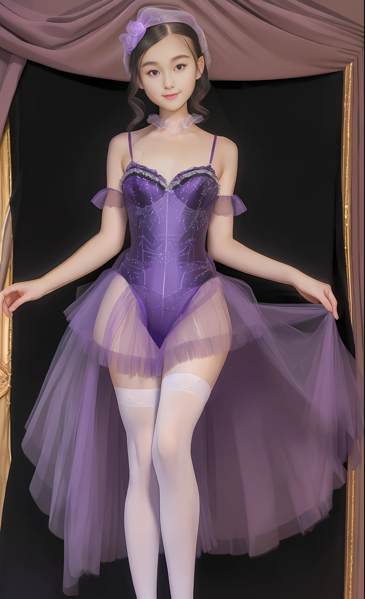 Absurd, high resolution, super detailed, (1 girl:1.3),
High fork swimsuit, ballet socks, tutu, looming feet, dark room, slim, pretty dream girl, looming bright purple thigh socks, silky texture, lace stocking edges, real photos, detailed eyes, pretty eyes, smile, full body perspective, detailed face, big, real photos, realistic human body,