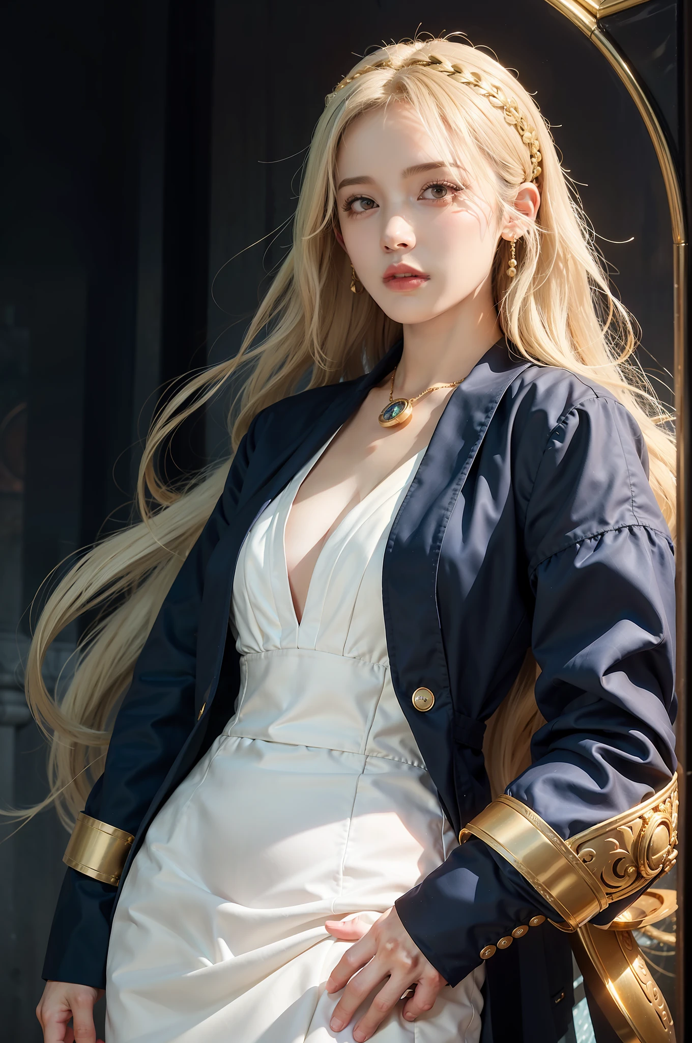 Surrealist female portraits by David Hockney and Alphonse Mucha, fantasy art, photorealism, dynamic lighting, artstation, poster, volumetric lighting, very detailed faces, 4k, award-winning, 1girl, in the dark, deep shadows, understated, denim photos, (formal wear: 1.4), long hair, white hair, gold ring, gold necklace