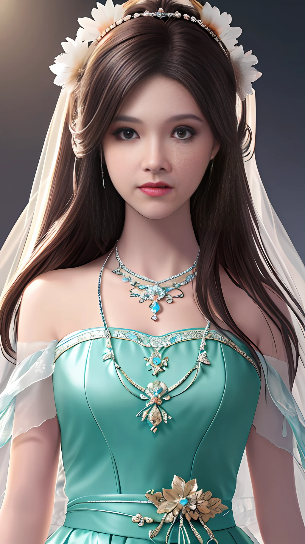 Best quality, masterpiece, high resolution, 1girl, porcelain dress, hair accessories, necklace, jewelry, beautiful face, on the body, Tyndall effect, realistic, dark studio, edge lighting, two-tone lighting, (high detail skin: 1.2), 8k UHD, dslr, soft light, high quality, volumetric light, candid, photo, high resolution, 4k, 8k, background blur,