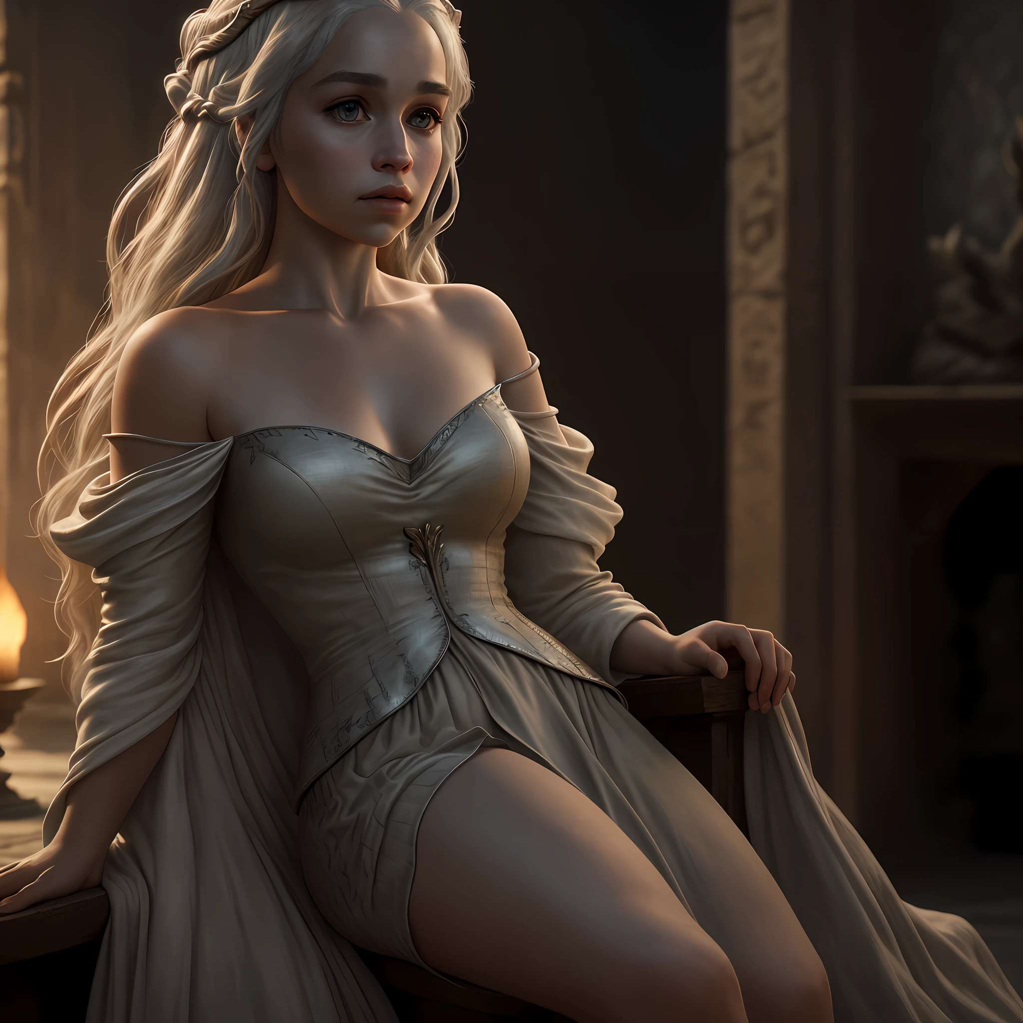 Best quality, masterpiece, ultra high res, (photorealistic:1.4), raw photo,Daenerys, off shoulder, cinematic lighting