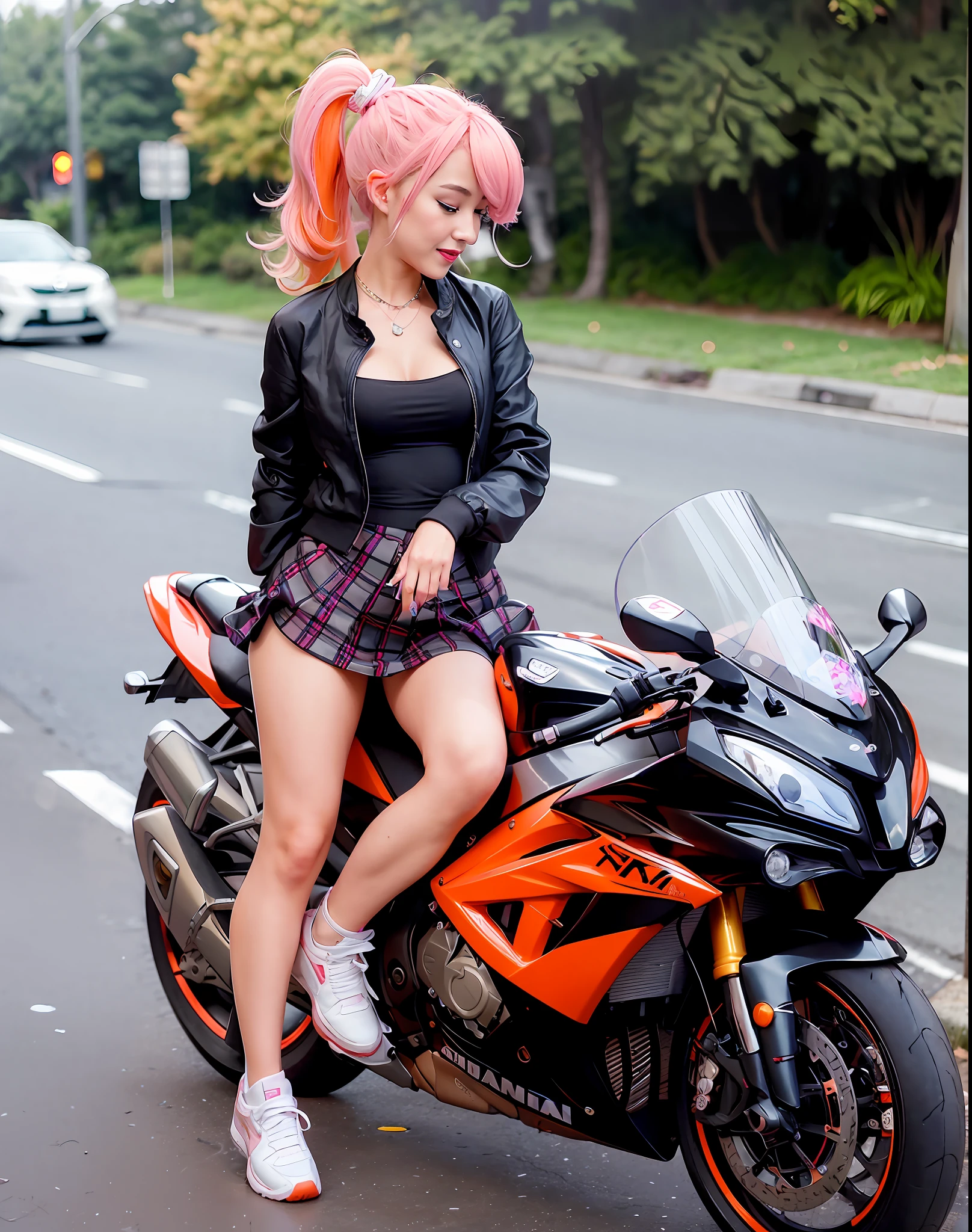 far shot,(a woman in an oversized black jacket and orange skirt), wearing a diamond necklace, pink floating hair, driving a colorful Suzuki gsxr on a city street, (long leg), very detailed, big warm grin, front view