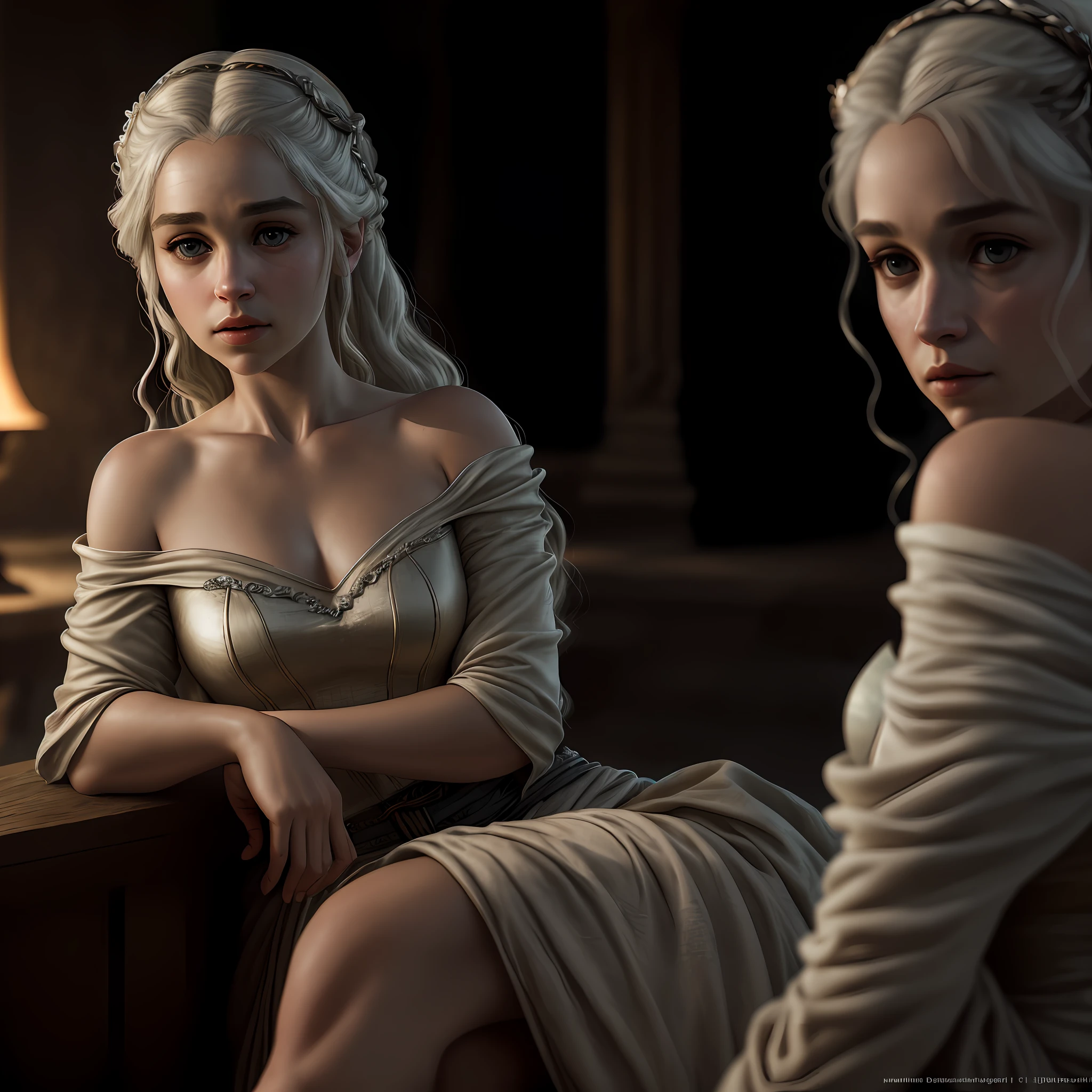 Best quality, masterpiece, ultra high res, (photorealistic:1.4), raw photo,Daenerys, off shoulder, cinematic lighting