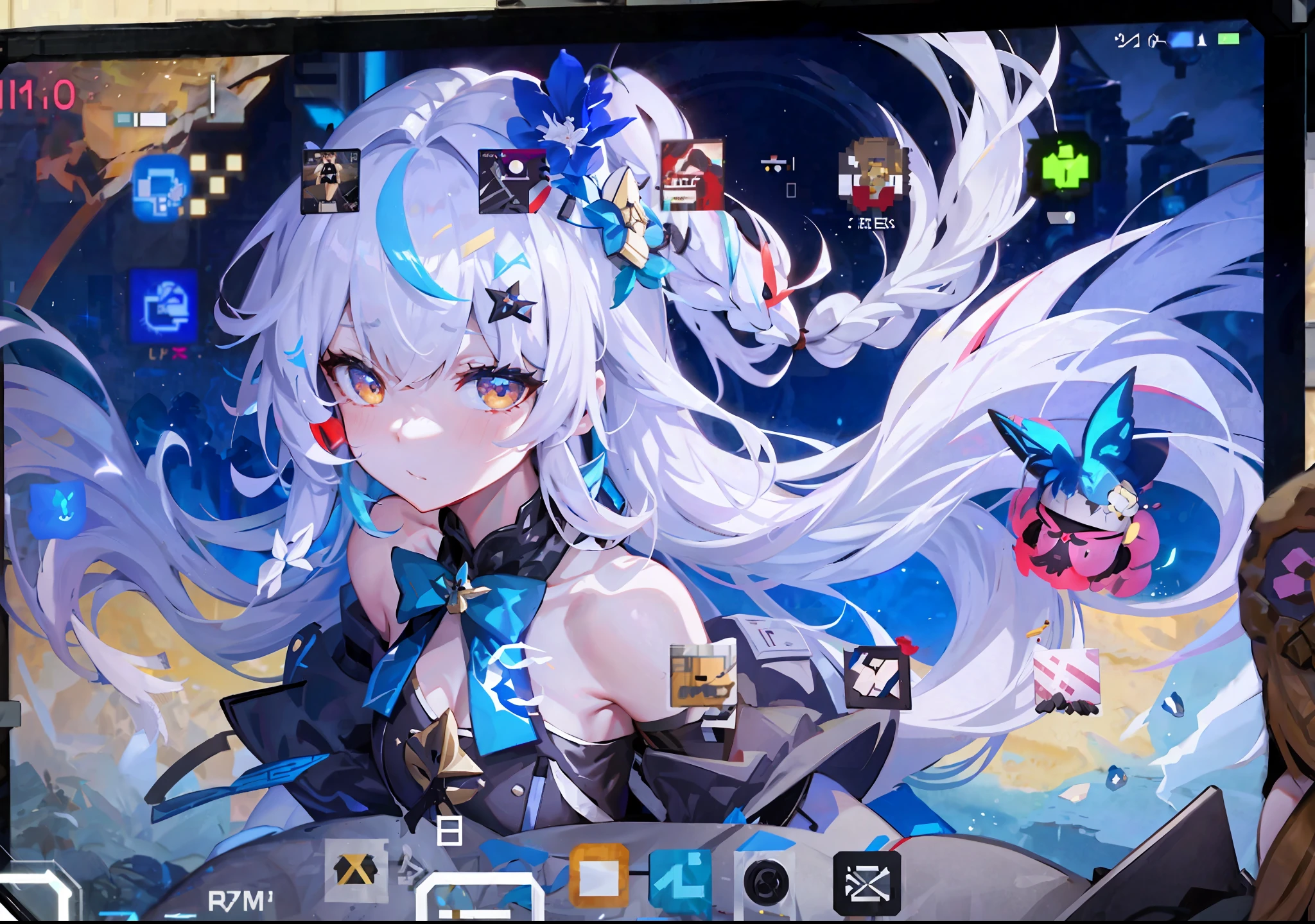 someone is playing a game on a tablet with a picture of a girl, from arknights, from girls frontline, girls frontline style, ayaka genshin impact, ethereal and mecha theme, onmyoji, anime style. 8k, from the azur lane videogame, ayaka game genshin impact, azur lane style, girls frontline cg, anime screenshot pattern