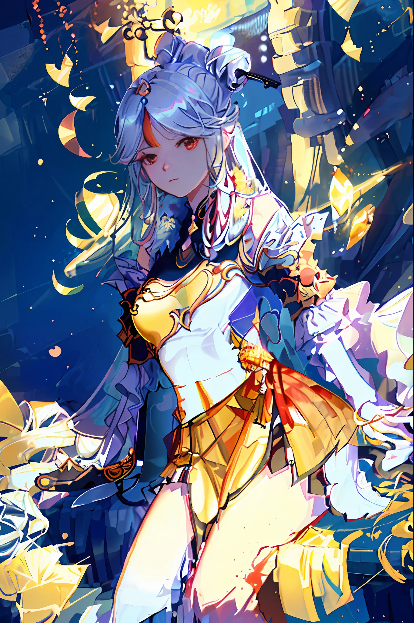 (Very fine CG unity 8k wallpaper, masterpiece, excellent picture quality, extremely delicate), (excellent light and shadow, excellent light and shadow, extremely delicate aesthetic), high saturation, dynamic angle, ((1girl)), gorgeous, ginsin impact\), red and black hair, red eyes, very long hair, hair accessories, bangs, pleated skirt