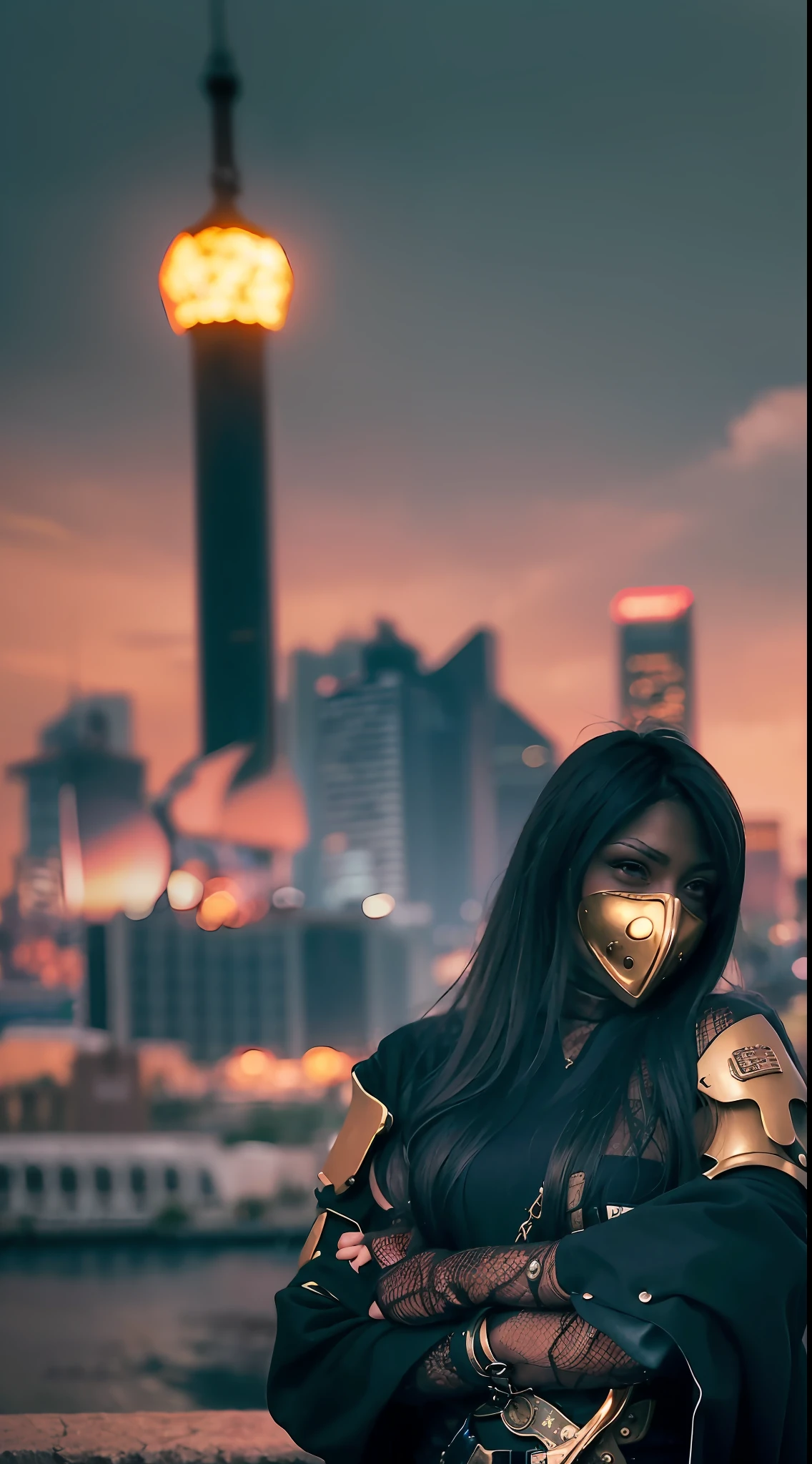 The female appearance in the photo needs to be completely preserved, replacing the mask with a steampunk-style tech mask, the city behind it with a futuristic night scene, and the woman needs to carry a smoke-emitting tech-style giant sword behind her back
