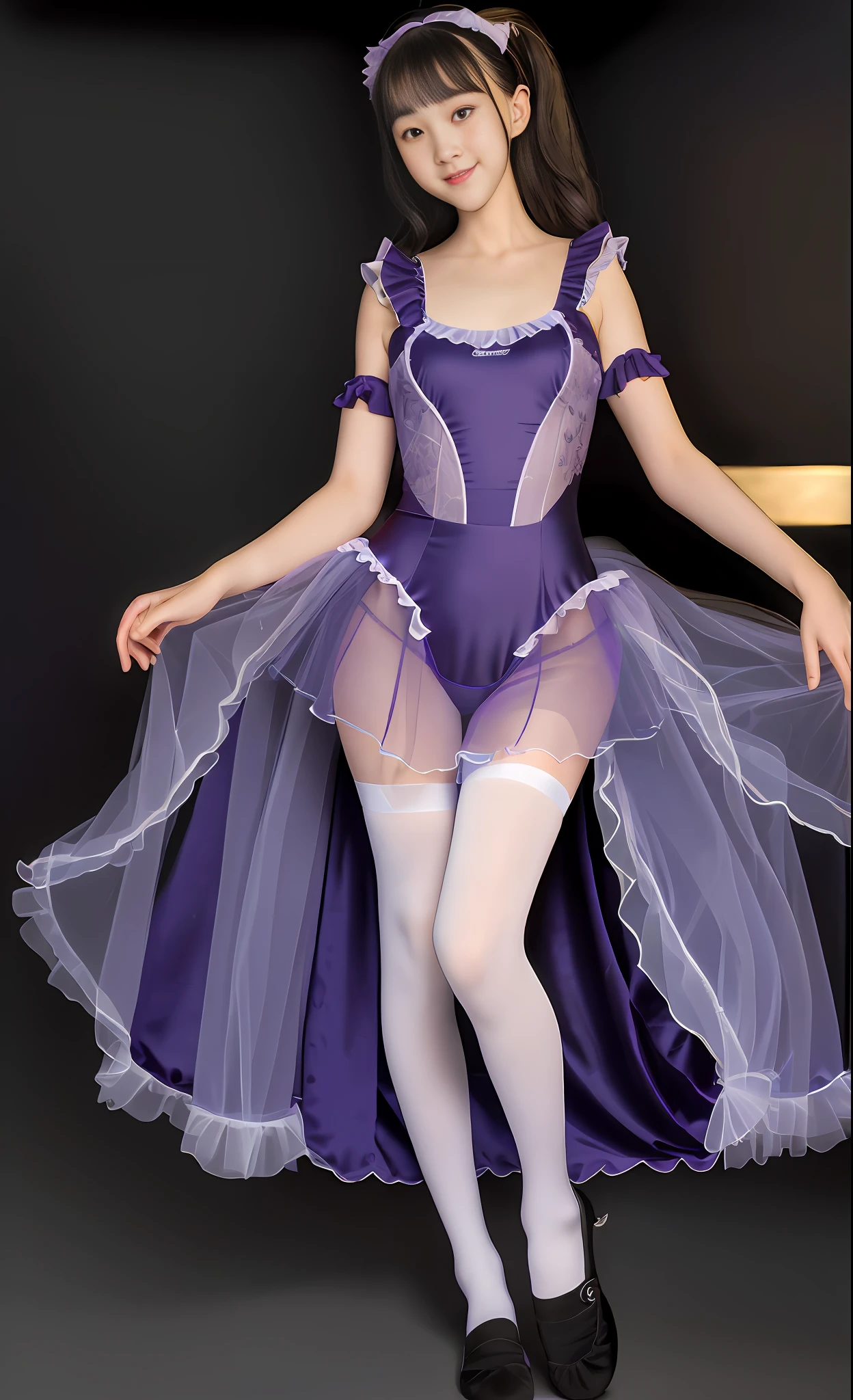 Absurd, high resolution, super detailed, (1 girl:1.3),
High fork swimsuit, ballet socks, tutu, looming feet, dark room, slim, pretty dream girl, bright purple thigh socks, silky texture, lace stocking edge, real photos, detailed eyes, pretty eyes, smile, full body perspective, detailed face, big, real photos, realistic human body,