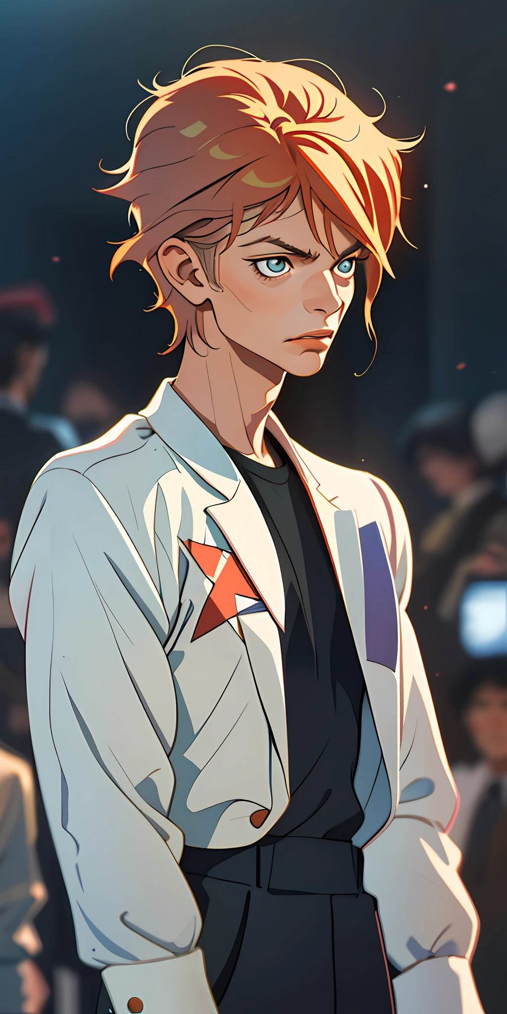(best quality, masterpiece), 1boy, blurry background, upper body, 70s, David Bowie