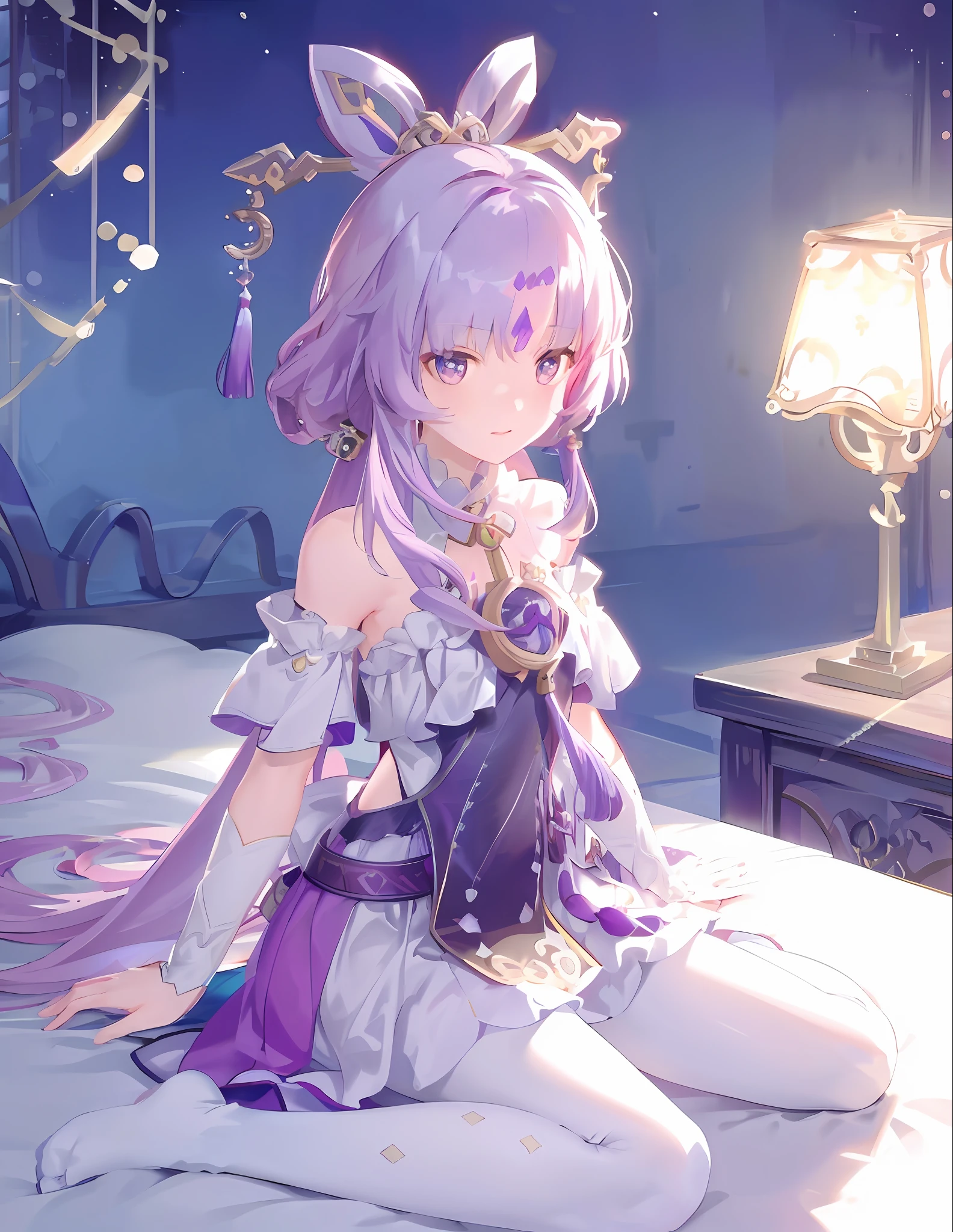 anime girl sitting on a bed with a purple hair and a purple dress, ayaka genshin impact, keqing from genshin impact, genshin, ayaka game genshin impact, guweiz, cute anime waifu in a nice dress, ((a beautiful fantasy empress)), anime goddess, 8k high quality detailed art, genshin impact character