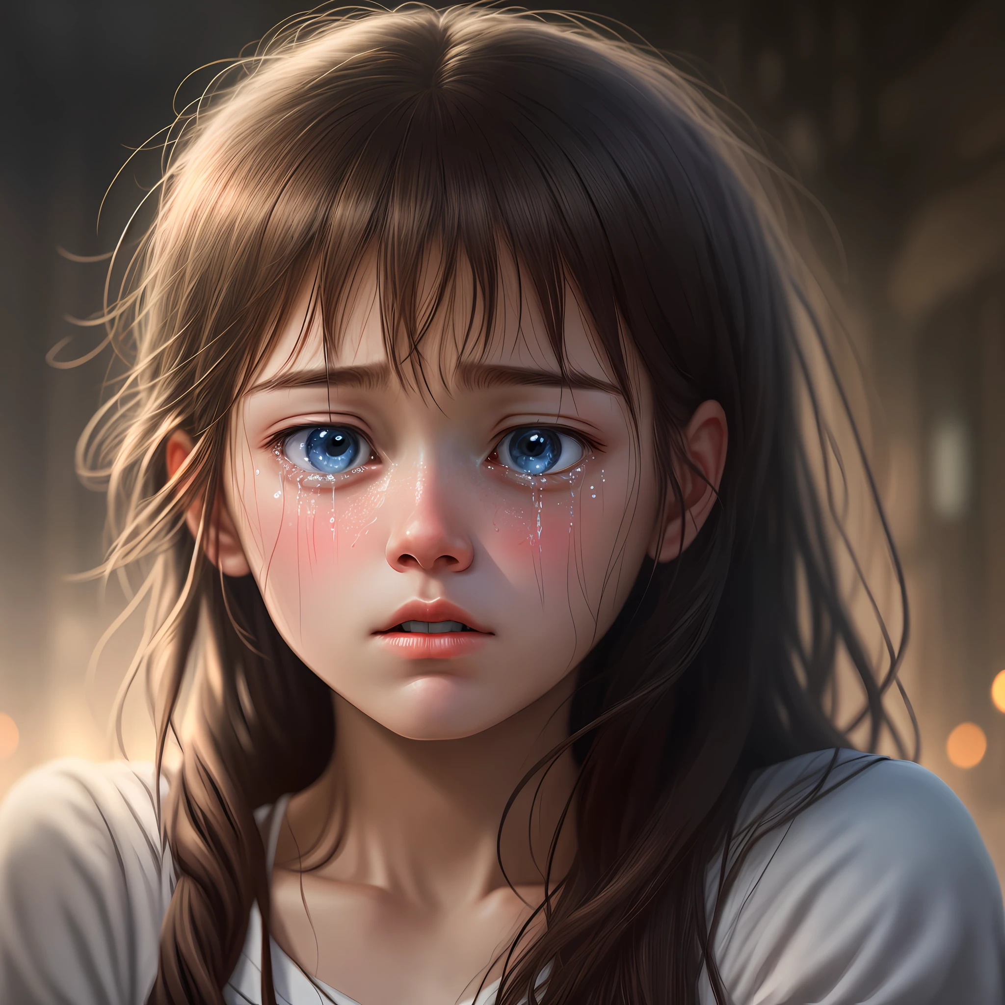 "[crying, tears in the eyes, sadness, anguished facial expression, blurry background, soft glow, soft lighting] photorealistic."
