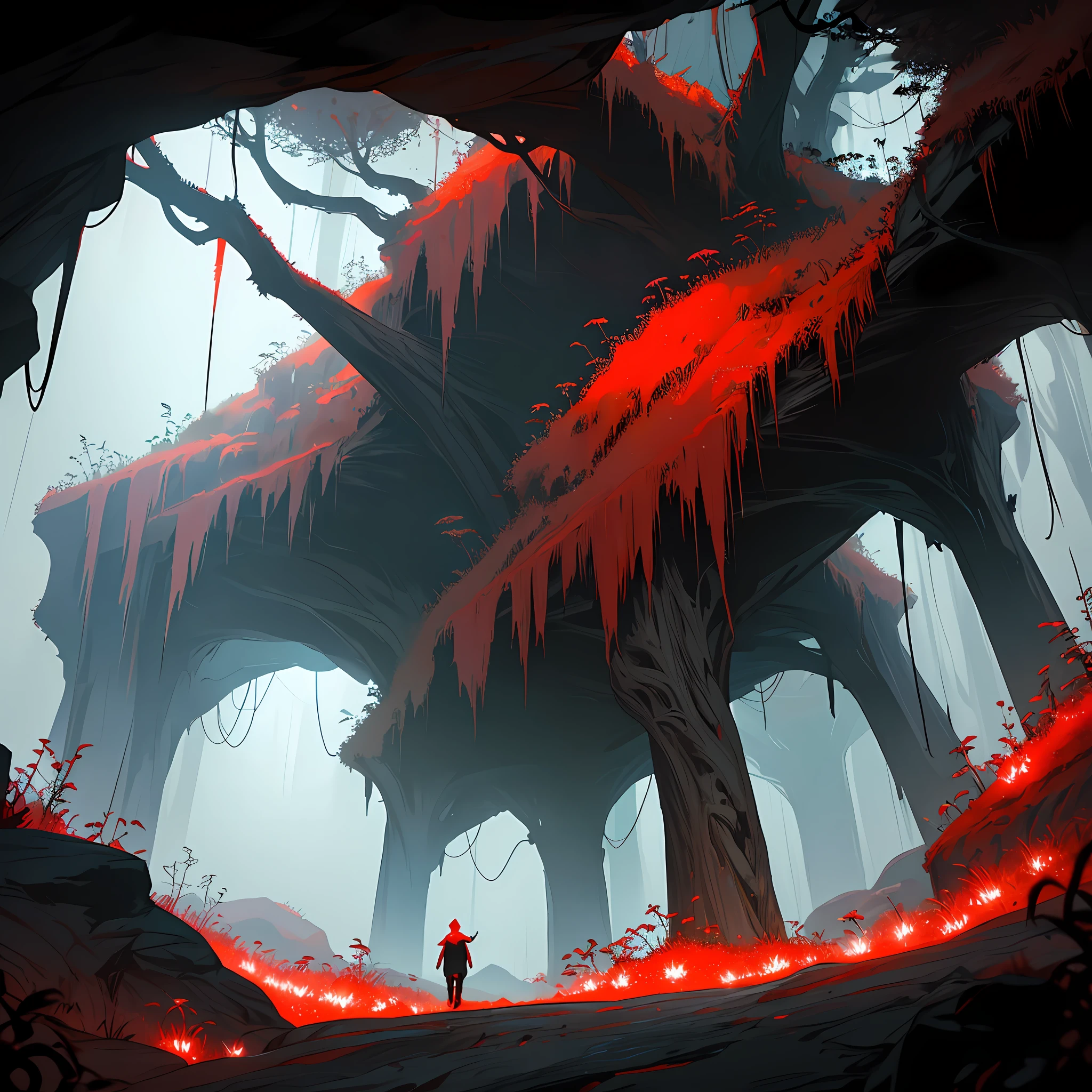 A red spider, cave full of webs, insects wrapped in the webs, dark and light colors, various colors, 8k quality, cinematic focus, humid, dramatic weather