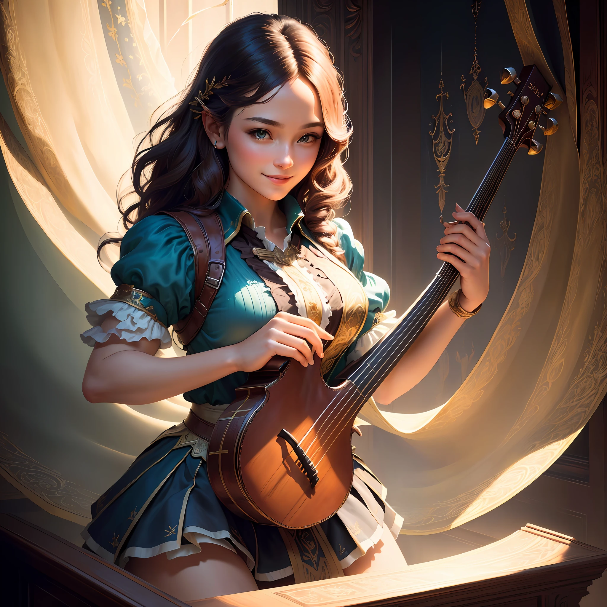 masterpiece, best quality, (very detailed CG unified 8k wallpaper), (best quality), (best illustration), (best shadow), real, realistic lighting, (abyss), beautiful detailed glowing, the art of PeterMohrbacher, the bard, the whole body, the bard, playing a lute, beautiful, very beautiful, delicate face, realistic expression, skirt, smile, woman, size 2160 x 1216