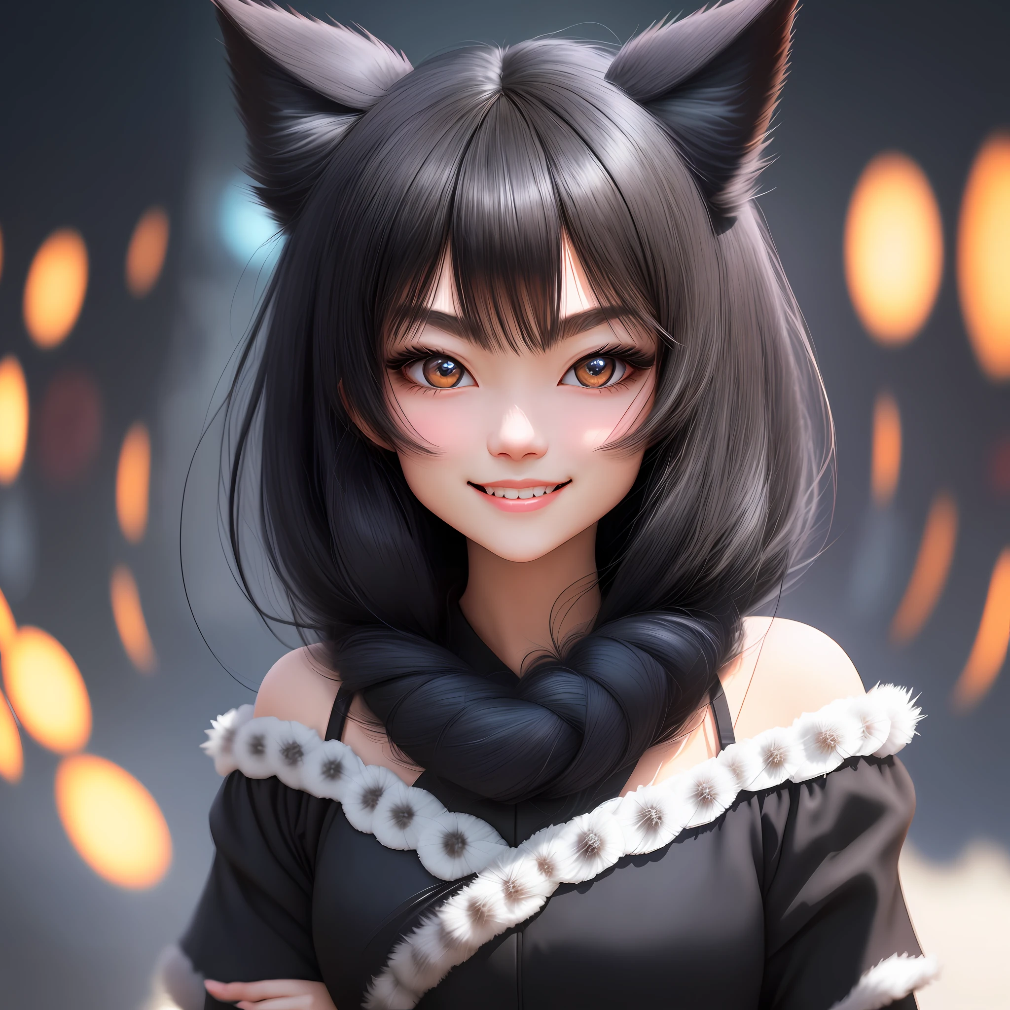 black hair, hair bobbles, wince, longeyelashes, solid circle eyes, fake animal ears, light smile, ear blush, fang, Surrealism, drop shadow, anaglyph, stereogram, tachi-e, pov, atmospheric perspective, 8k, super detail, ccurate, best quality