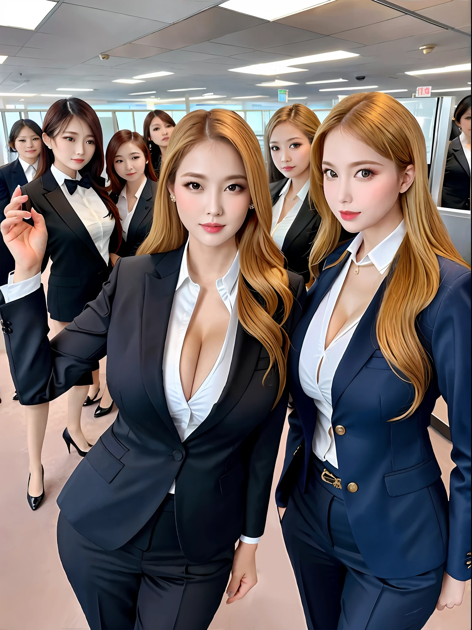 group picture,multiple girls,5girls,looking at viewer ,realistic,shiny skin,(office lady),business suit,cleavage,(beautiful face:1.1),(masterpiece, high quality:1.2) gigantic breasts, motherly, porcelain skin, honey blonde hair, very long hair, wavy hair,mature female,