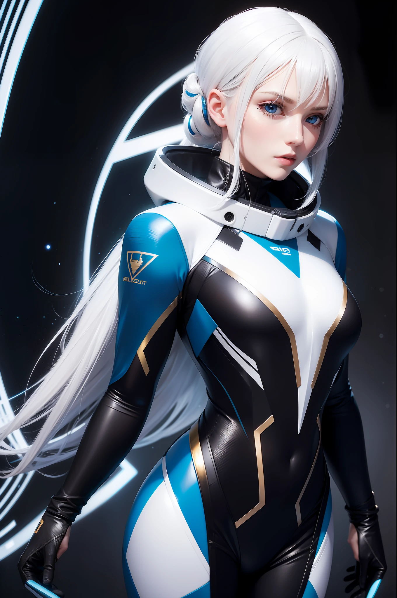 Woman with ,golden white hair,Blue eyes,,,black spacesuit
