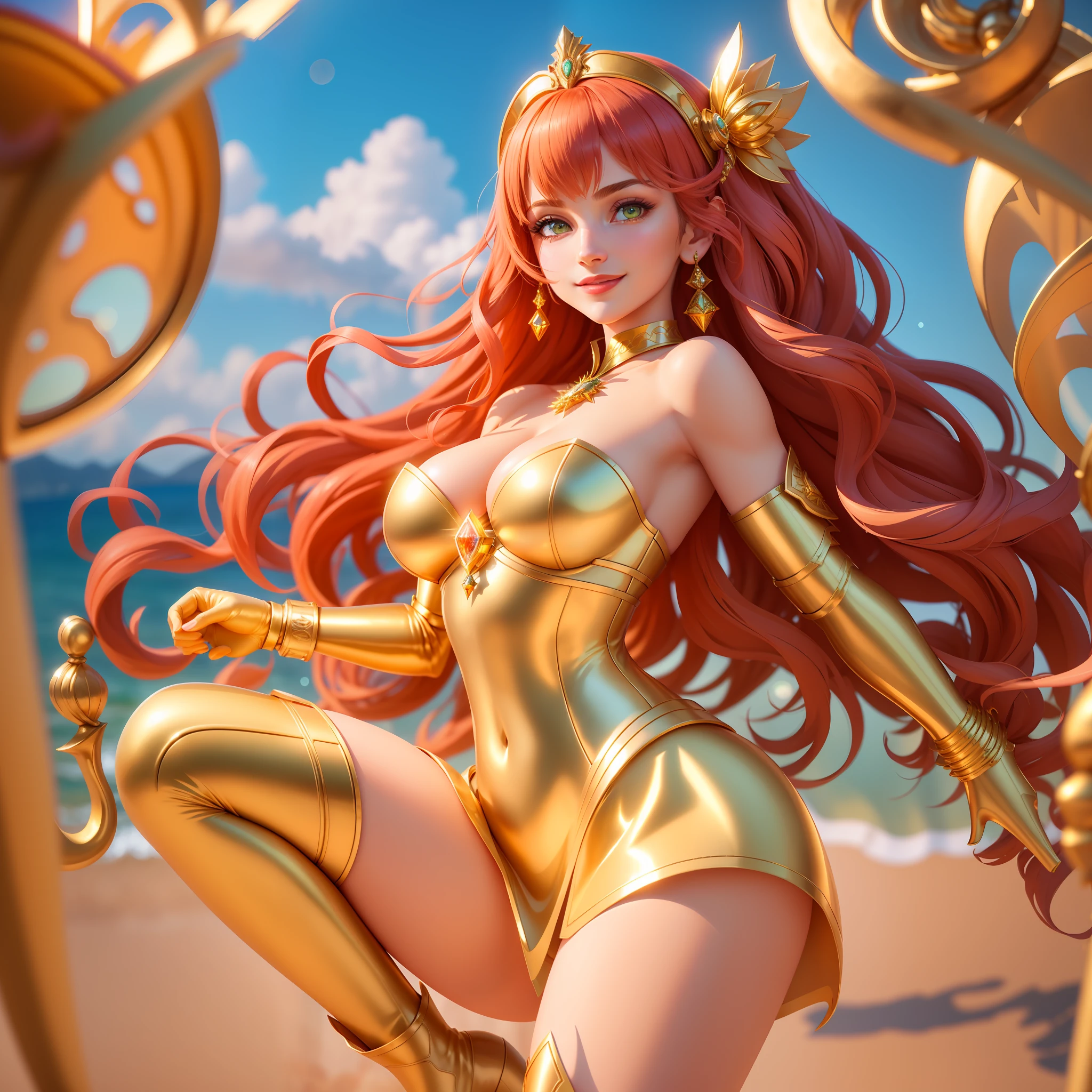 Highly detailed RAW color photo, beautiful young woman, dynamic pose, (wide hips), (detailed skin), (thick lips and with detailed intense red lipstick), (detailed eyes), (Tartarus: 1.4), (moon: 1.1), (sea scenery with waves and boats, marina, sunny, rays of lights, water droplets in the air reflecting sunlight), (red curly hair with reflection lights), (shiny warrior armor), (very attractive and beautiful), (sensual), (soft makeup), (detailed face), (smiling), (curvy), detailed and bright light green eyes, chromatic aberration, depth of field, soft lighting, masterpiece, best quality, intricate, (lens reflection: 0.7), (flowering: 0.7), particle effects, ray tracing, tone mapping, highly detailed, concept art, smooth, sharp focus, dramatic lighting, highly detailed art, cinematic, hyper-realistic painting, trend in Artstation, 8K, incredible shadows, realistic, (highly detailed background: 1.2), mid-journey art, various characters, dressed in soft and shiny fabric, golden and silver Aries zodiac knights armor, full body, wearing boot, cheerful, happy, smiling, wrapped in soft and translucent fabrics, wrapped in golden glow, subtle golden aura, side pose, profile pose
