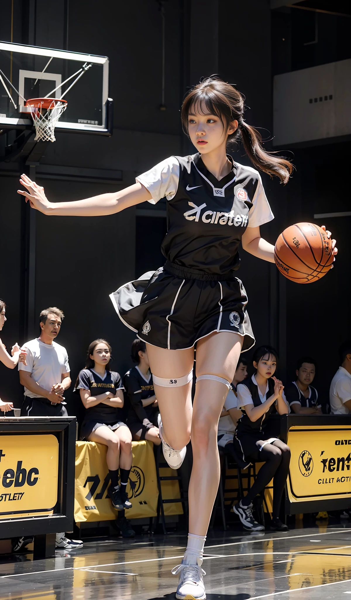 (ultra-detailed CG unity 8k wallpaper,masterpiece, stunning illustration of a)女球员, (best illumination, best shadows, extremely delicate and beautiful), (1girl), (running, dribbling, shooting, holding the ball), (basketball uniform, skirt, football shirt), (hip and leg shots, surrealist style), (black stockings, beautiful legs), on a basketball court.