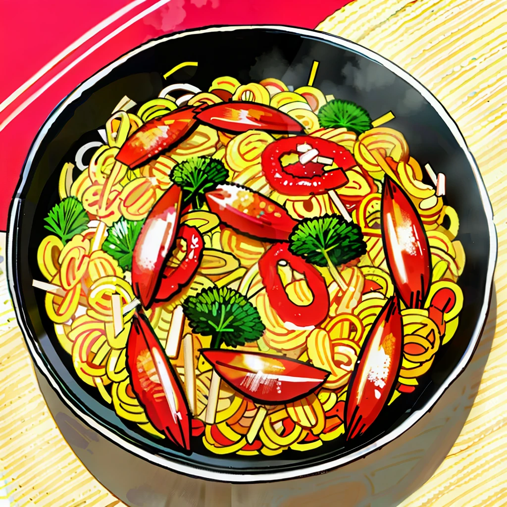 Fried noodle, prawn, sausage, flour