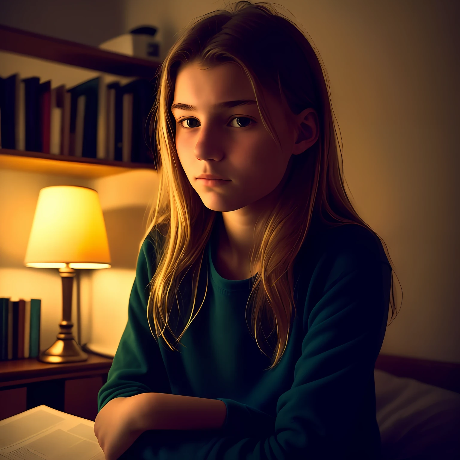 Portrait of an 18-year-old girl, beautiful, beautiful, perfect, petit teen, Russian, with nothing, in bed, (dark private office, dark light and grumpy: 1.2)