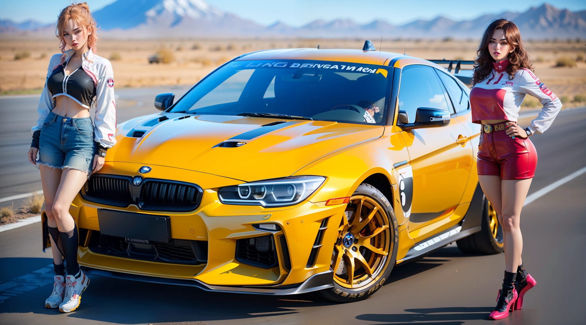 1 Girl, ((Japanese model, Racing Driver , Detailed beautiful eyes, Ultra detailed smooth skin,pink golden skin,High resolution,4k,red detailed lipstick,Golden Hair,Curl Emo Style Hair,Focus Face UHD )), Standing beside the (Car ,(Skyline GTR racing car,Low kit, Modern, Alloy Wheels, Sponsored by BMW, Cenimatic Lighting,3D),))Gas Station Background,(Western West,Cowboy Style),Desert,Sharp Shade,Shadow Lighting, best resolution,Shoot by ((Fuji 80 mm lens ),8k resolution,Camera)