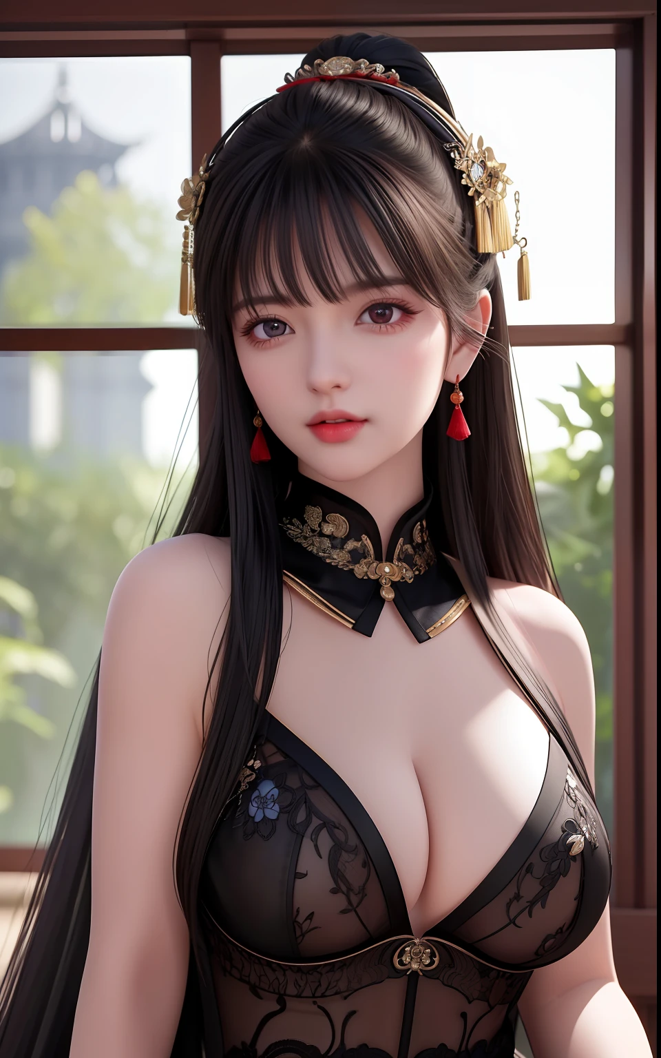 (best quality, masterpiece: 1.4), (realistic: 1.2), (realism: 1.2), (absurdity: 1.2), 4k, detailed, super-detailed, digital art, detailed facial features, (super-detailed eyes: 1.2).  indoors, ancient chinese culture, old-style windows, (facial focus: 1.4), (close-up of face: 1.2), (very long, high dark black ponytail: 1.4), (bangs: 1.2), (black eyes: 1.4), (strong smell: 1.4), (anger: 1.2), looking at the audience, (cute lips: 1.4), (large breasts: 1.2), (sexy red belly: 1.4) translation tags., masterpiece, best quality,  high quality, highres, amazing lighting, detail enhancement, most beautiful image in the world, 8k resolution, awe inspiring, hd-imagine