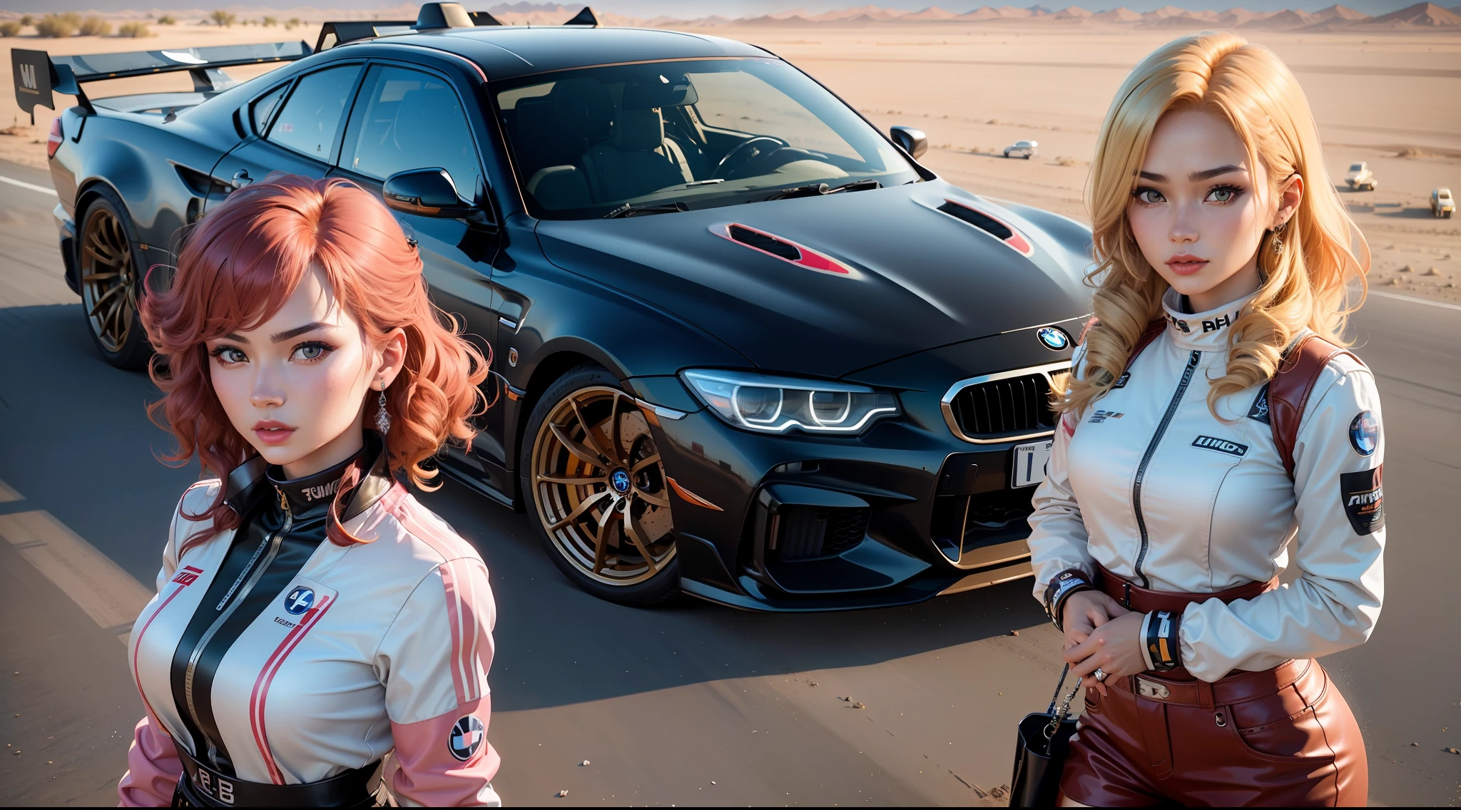 1 Girl, ((Japanese model, Racing Driver , Detailed beautiful eyes, detailed roght skin,pink golden skin,High resolution,4k,red detailed lipstick,Golden Hair,Curl Emo Style Hair,)), Standing beside the (Car ,(Skyline GTR racing car,Low kit, Modern, Alloy Wheels, Sponsored by BMW, Cenimatic Lighting,3D),))Gas Station Background,(Western West,Cowboy Style),Desert,Sharp Shade,Shadow Lighting, best resolution,Shoot by ((Fuji 80 mm lens ),8k resolution,Camera)