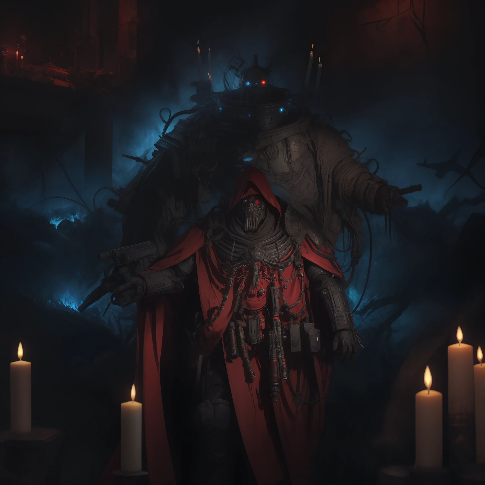 The Adeptus Mechanicus, a member of the cult of machines and technology in the Warhammer 40,000 universe, is usually depicted wearing a distinctive black and red mechanized suit studded with machine symbols and sacred hieroglyphs. They have cybernetic prostheses that replace lost body parts, and their faces are hidden under a hood or mask with monitors and LEDs. The Adeptus Mechanicus is also often armed with energy and combat mechanical weapons, their form and function associated with the cult of technology and the belief in the sacred machine deity, Omnisiah, red cloak, (((burning candles))), dogma, (seals of purity), chants, servitor skull, cult of technology, three figures