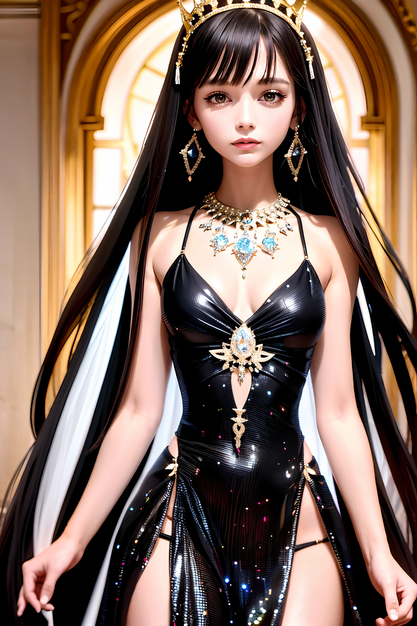A beautiful girl, look to the viewer, full body, amazing art dress, long hair, art crown, diamond necklace, detail face, detail body, RAW photo, Masterpiece, High resolution, 8K ,