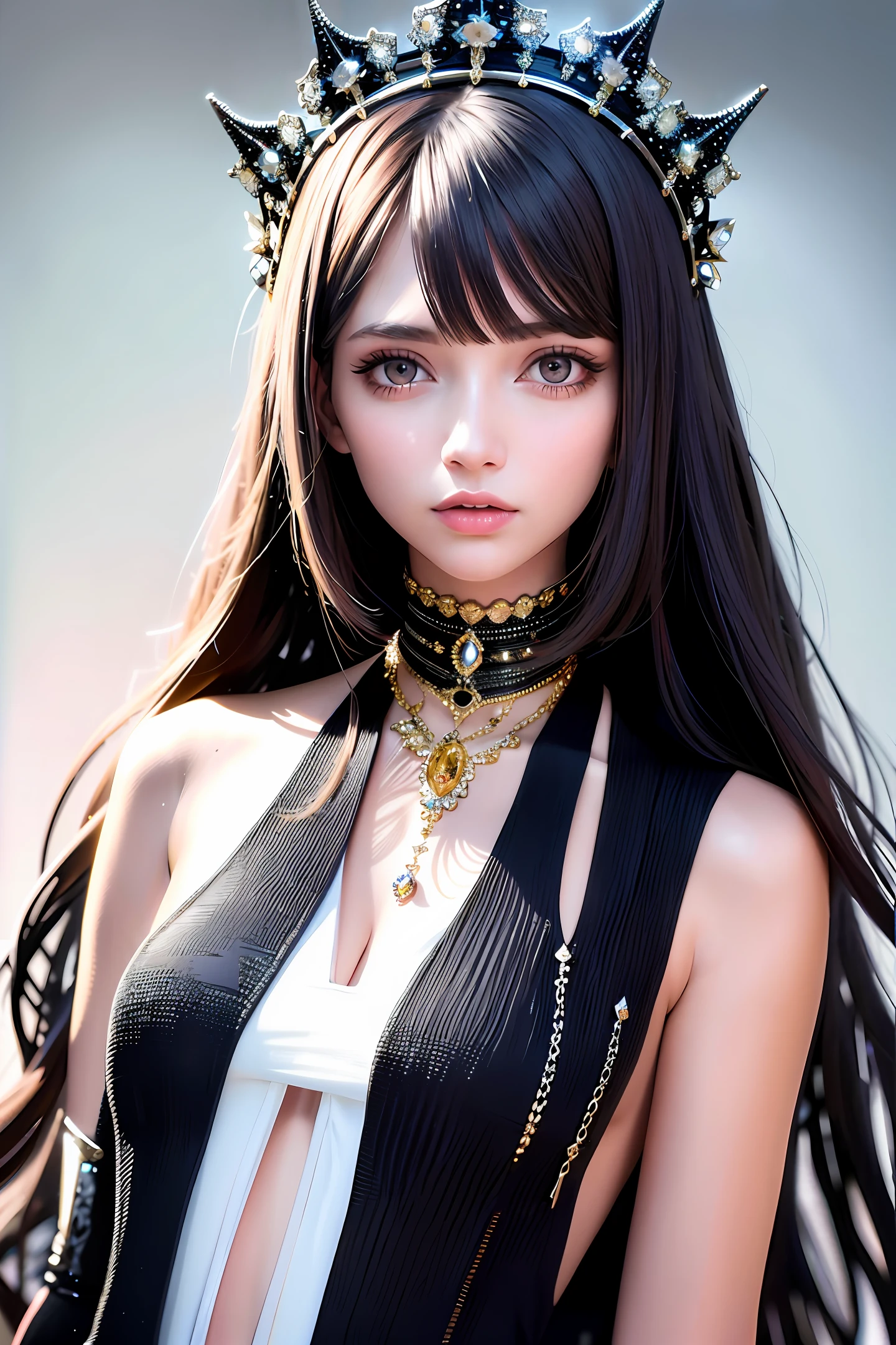 A beautiful girl, look to the viewer, full body, amazing art dress, long hair, art crown, diamond necklace, detail face, detail body, RAW photo, Masterpiece, High resolution, 8K ,