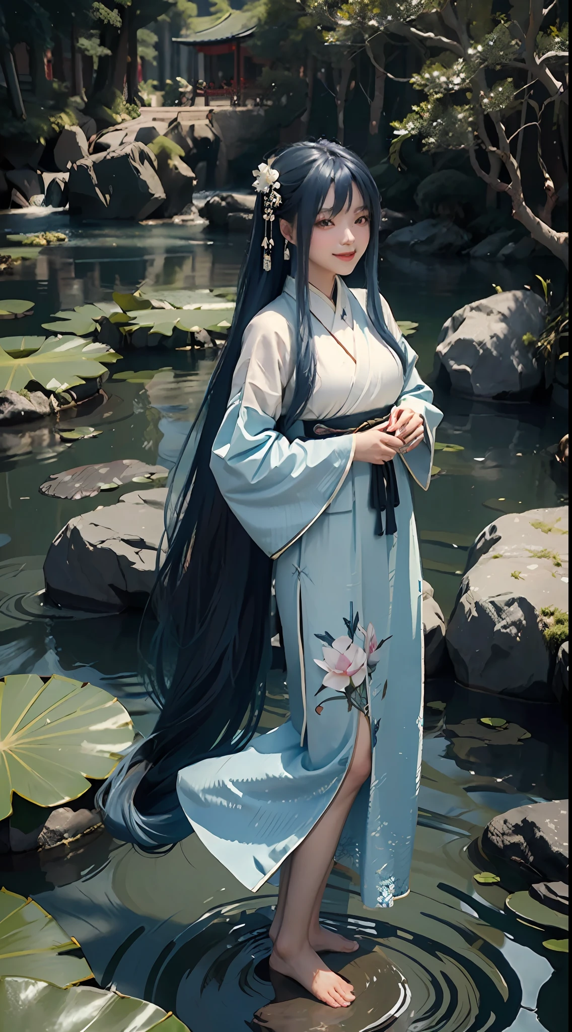 ((4k,masterpiece,best quality)), shuimobysim, traditional chinese ink painting, lotus,  hanfu, maxiskit, dress conservatively
1girl, solo, long blue hair, smile, standing, feet in the water, barefoot,