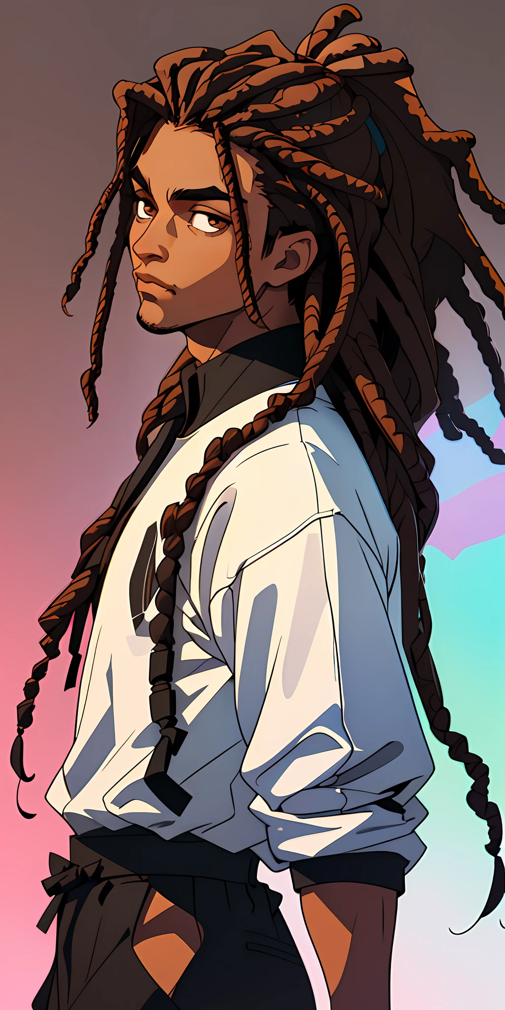 (best quality, masterpiece), 1boy, blurred background, upper body, contemporary, hair with dreads, beautiful, brown skin, black