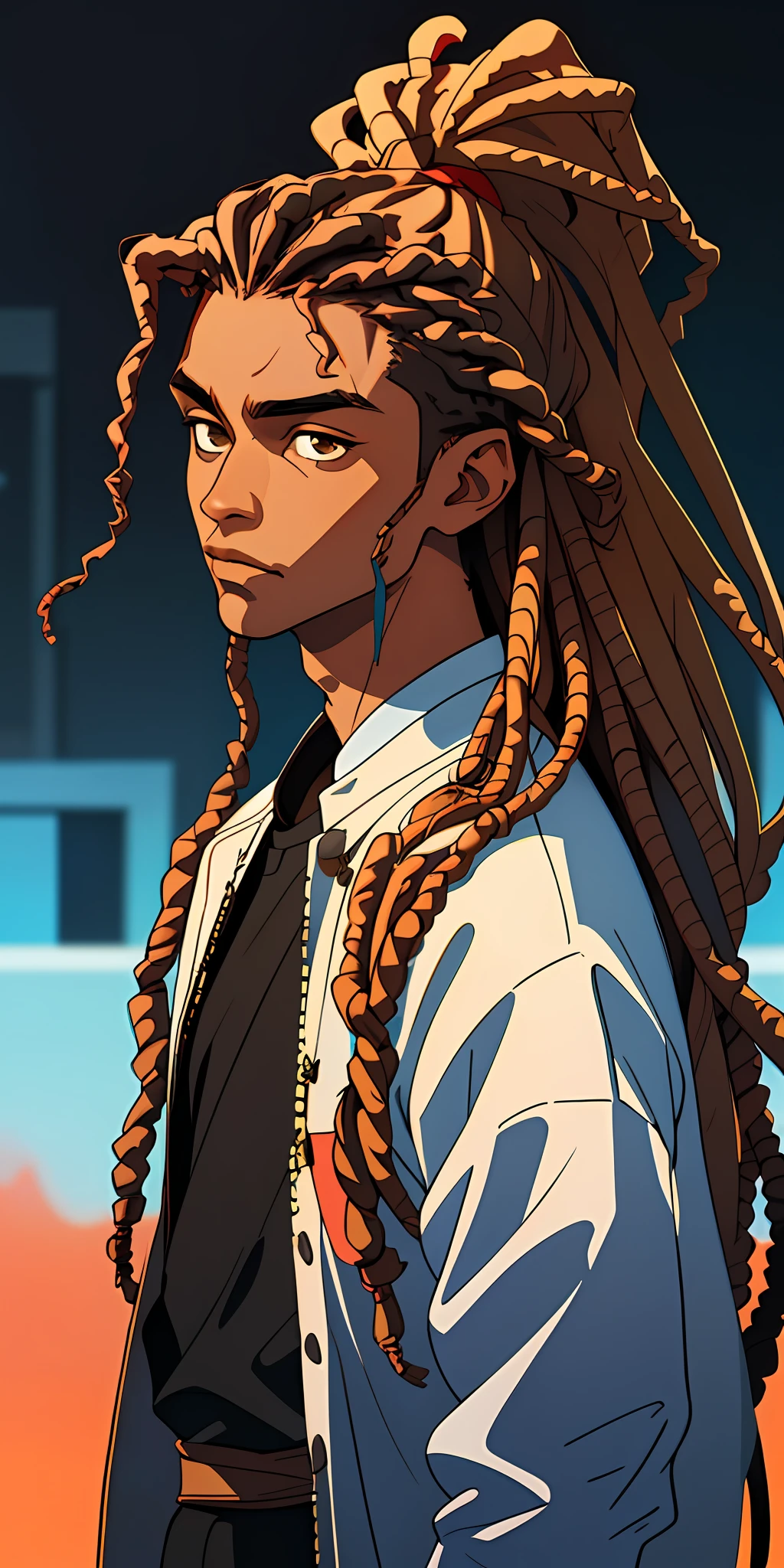 (best quality, masterpiece), 1boy, blurred background, upper body, contemporary, hair with dreads, beautiful, brown skin, black