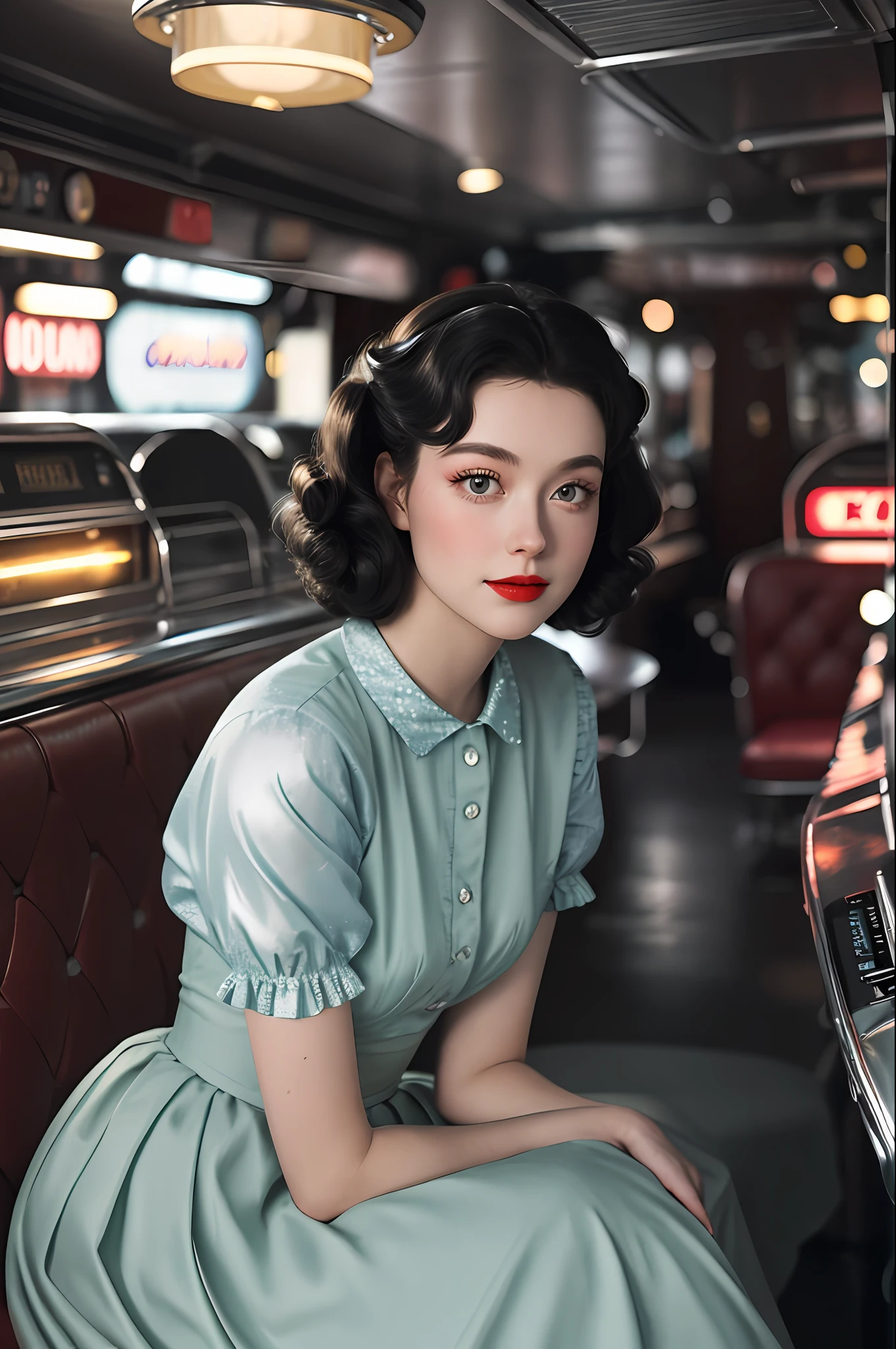 1girl dressed in a 1950s-inspired dress, complete with a full skirt and petticoat, her hair styled in classic pin curls. She should be seated at an old-fashioned diner, surrounded by vintage details like a jukebox, chrome accents, and neon signs. Her eyes should be sparkling with excitement, her skin flawless and glowing under the soft, dramatic lighting. This scene should be captured on 35mm film, with a beautiful depth of field and a slightly blurry, nostalgic background,
filmg,