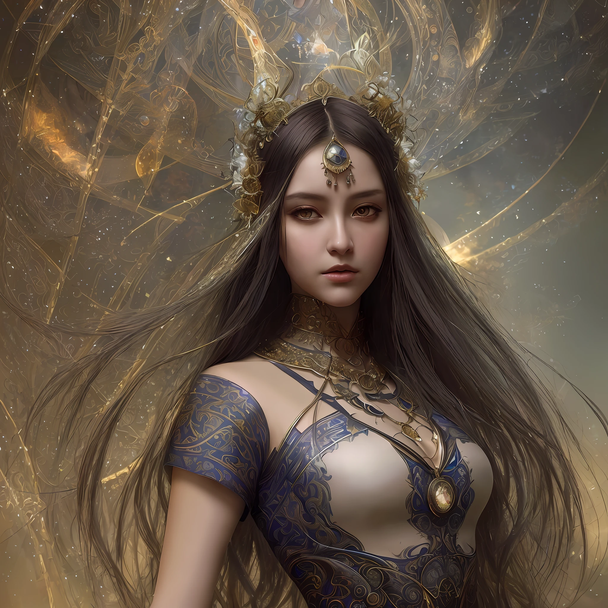 Zodiac ♋ sign, dark and mystical version, characters by karol bak and pino daeni, intricate details, background details, many background objects, extra high detail, magic lighting, a woman, clearly drawn face, beautiful face and symmetrical eyes, far focus, silk clothing, mystical jewelry, detail, beautiful, realistic, hyper realistic