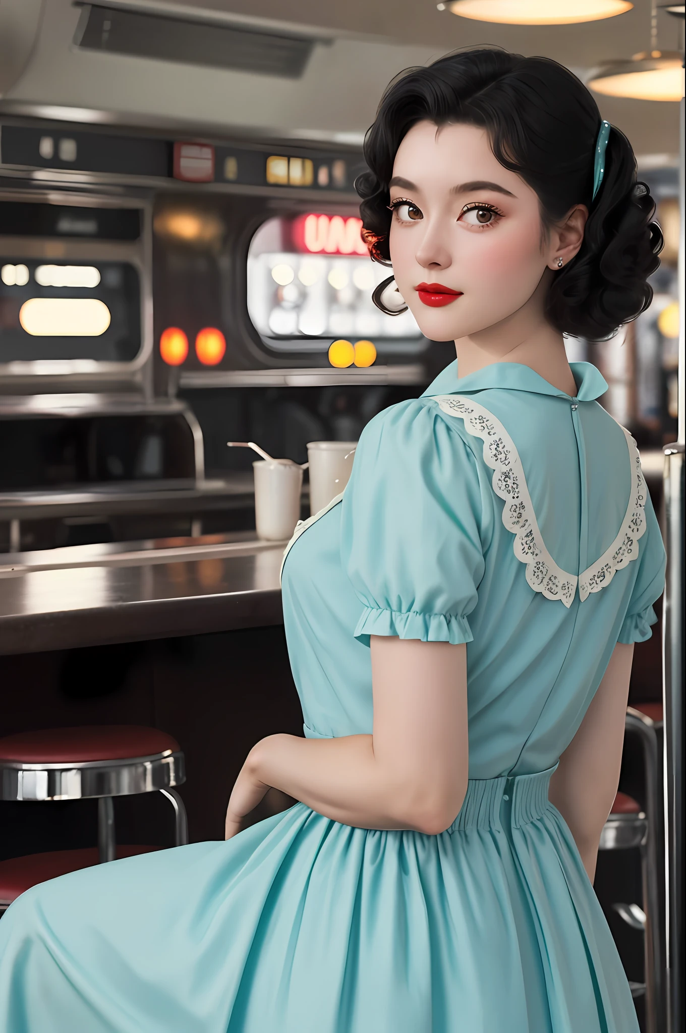 1girl dressed in a 1950s-inspired dress, complete with a full skirt and petticoat, her hair styled in classic pin curls. She should be seated at an old-fashioned diner, surrounded by vintage details like a jukebox, chrome accents, and neon signs. Her eyes should be sparkling with excitement, her skin flawless and glowing under the soft, dramatic lighting. This scene should be captured on 35mm film, with a beautiful depth of field and a slightly blurry, nostalgic background,
filmg,