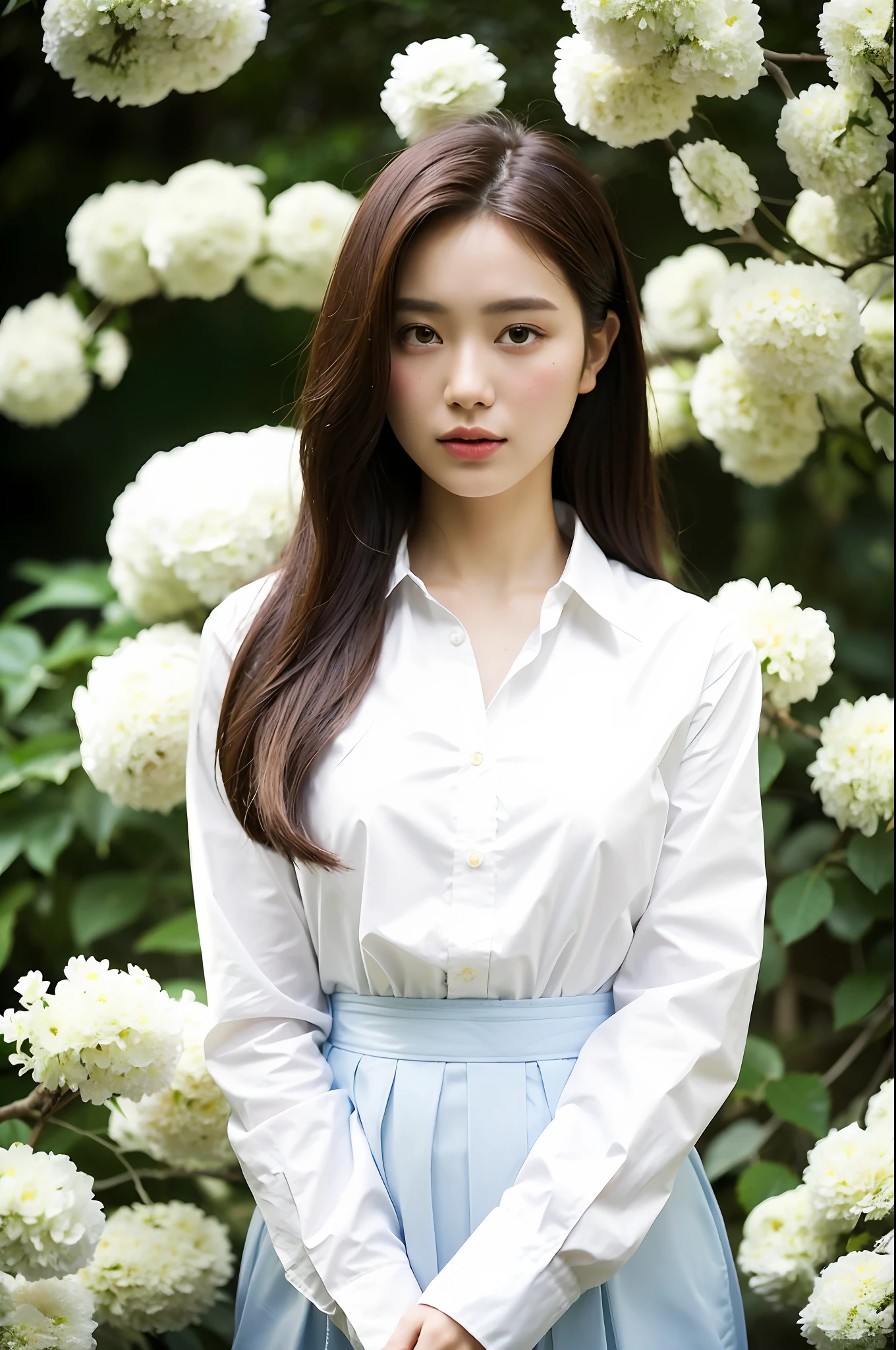 (best quality, masterpiece:1.2), 18yo beautiful girl in garden, white shirt, (white flowers mess in background:1.3), shoot the Sony a7,3.5 mm Lens, f 1.8 apature, lighting glow effect,no retouching,raw photo realistic, skin texture is very detail ,no makeup,