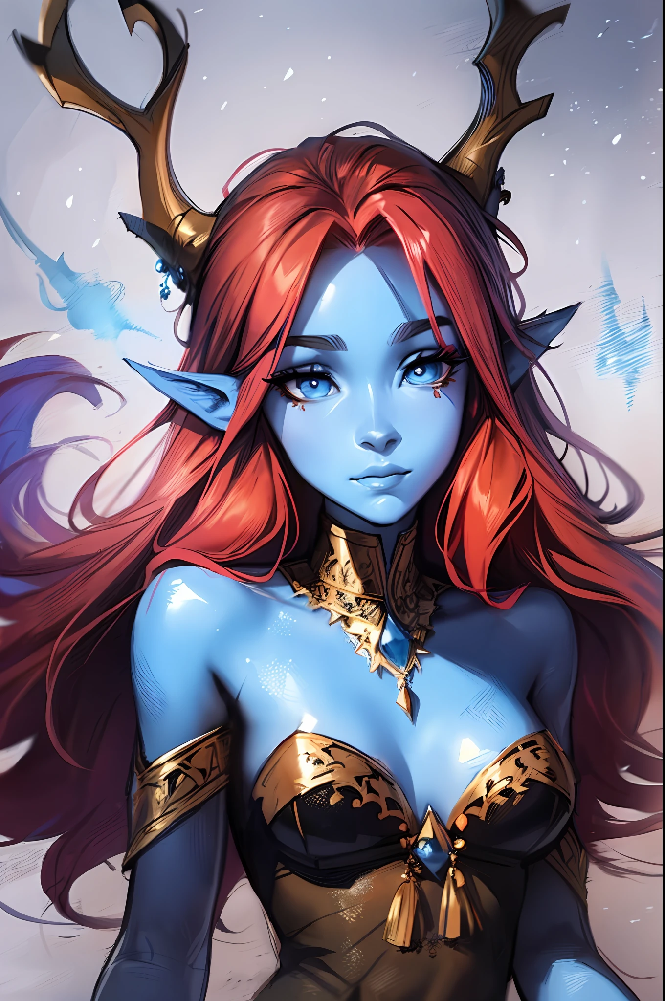 hand drawn sketch illustration of a beautiful dnd ifreet djinn girl with flaming red hair, blue eyes, symmetrical antlers horns, blue skin, illustration, watercolor ink sketch, (best quality)), intricate detailed,