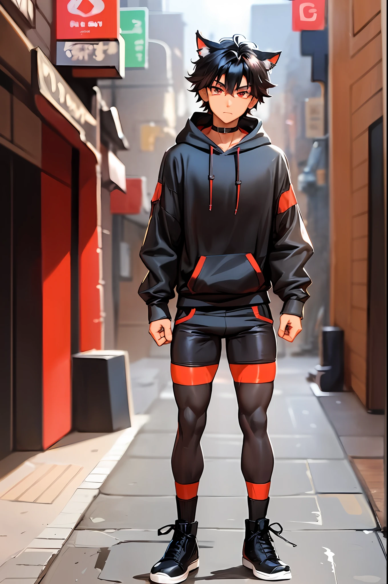 one boy, toned, flexing, sharp big cat ears, cat tail, big black messy hair, extremely vibrant red eyes, masterpiece, vibrant, bulge, slim dark black hoodie, full body view, neutral face, black thigh socks, combat boots.