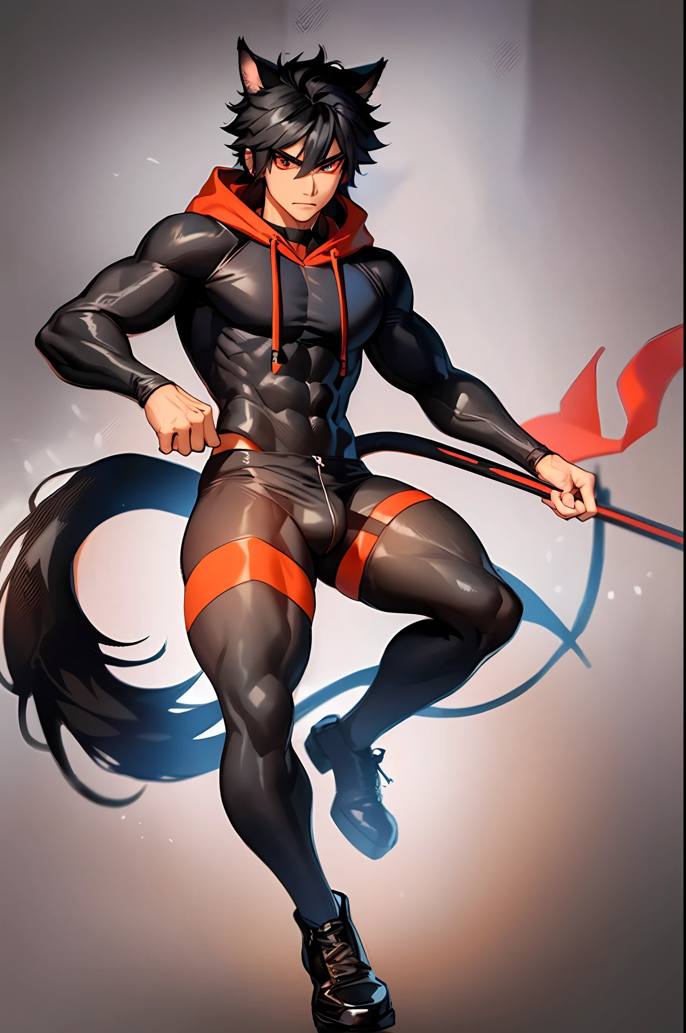 one boy, toned, flexing, sharp big cat ears, cat tail, big black messy hair, extremely vibrant red eyes, masterpiece, vibrant, bulge, slim dark black hoodie, full body view, neutral face, black thigh socks, combat boots.