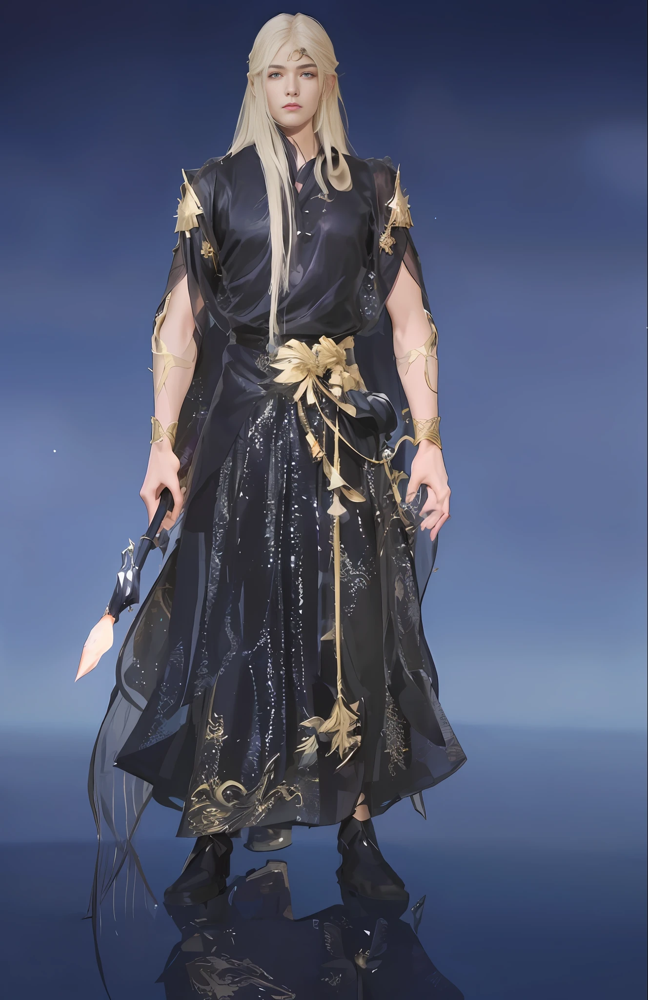 (4k, masterpiece, best quality,), a young man in a black dress holding a brush, staring ahead, Asian young man face, light yellow hair, long hair, moon-themed costume, astral witch costume, (high-grade fabric, tulle skirt, black organgauze, glowing clothes, gold decorated clothes, detailed clothing decoration,), mage-themed clothes, wearing fantasy formal clothes, full body fairy, gorgeous flowing robes, cloud mage robes, wearing star mage robes, cotton cloud mage robes, Full body martial arts, flowing magic robes